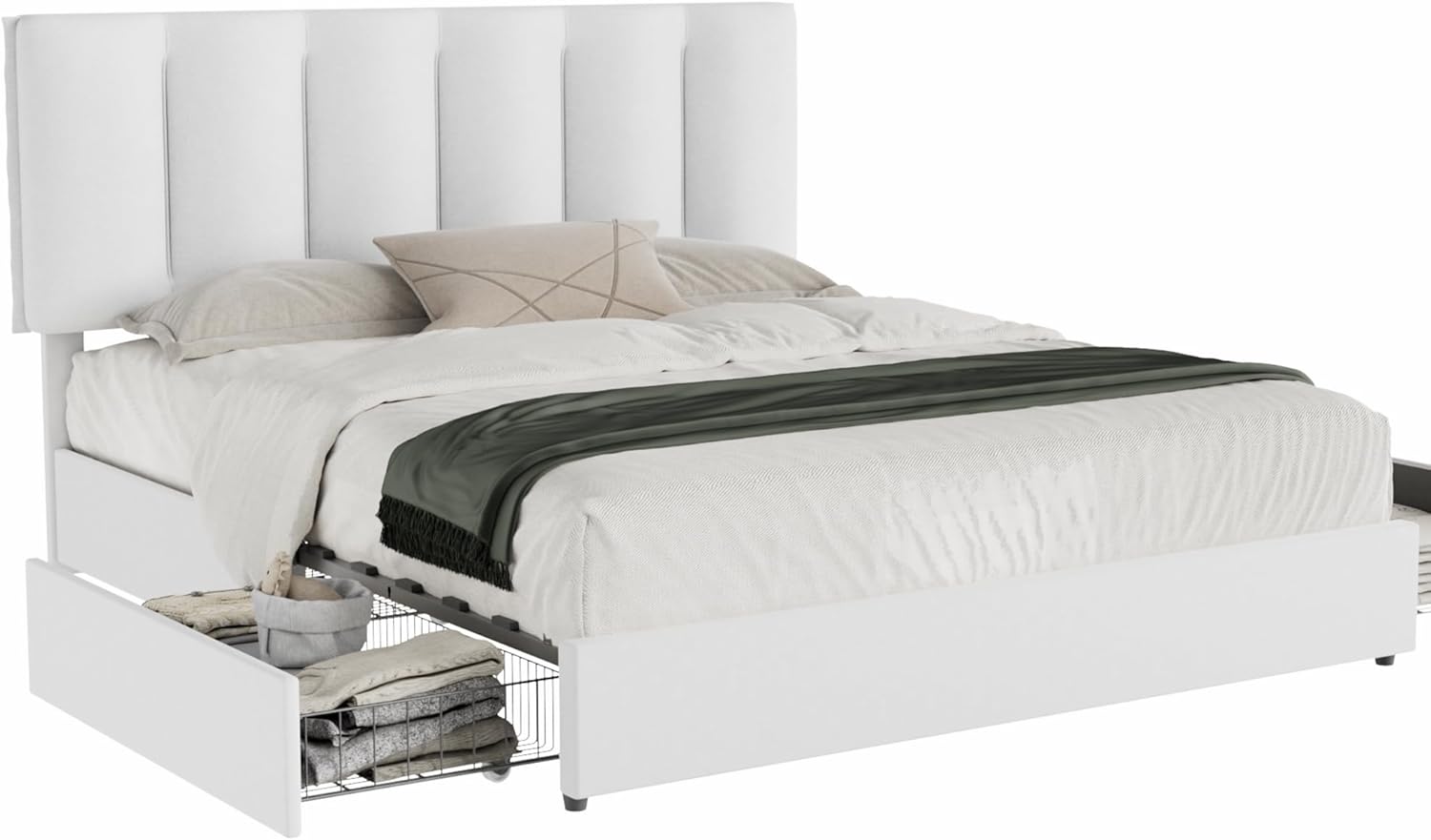VECELO Upholstered Bed Frame with 4 Storage Drawers and Adjustable Velvet Headboard - VECELO