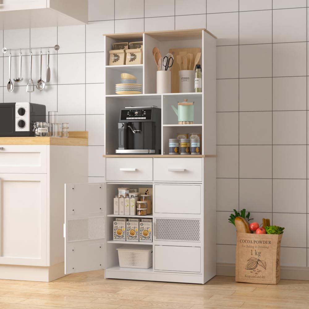 VECELO Floor Storage Cabinet 72" Free Standing Kitchen Pantry Buffet Cupboard with Multi Open Shelves and 2 Drawers - VECELO