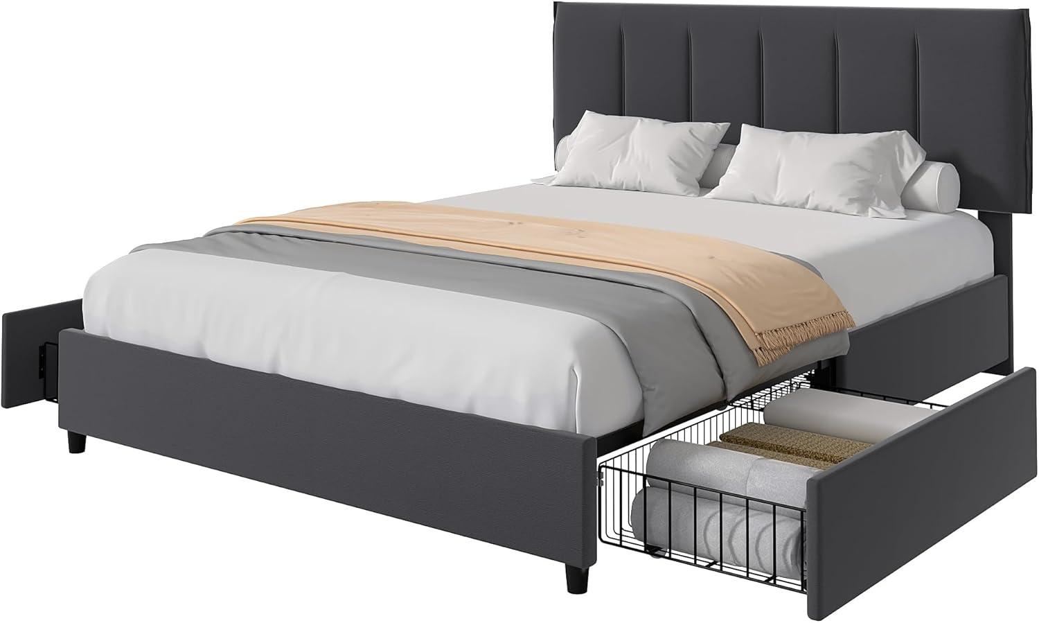 VECELO Upholstered Bed Frame with 4 Storage Drawers and Adjustable Velvet Headboard - VECELO