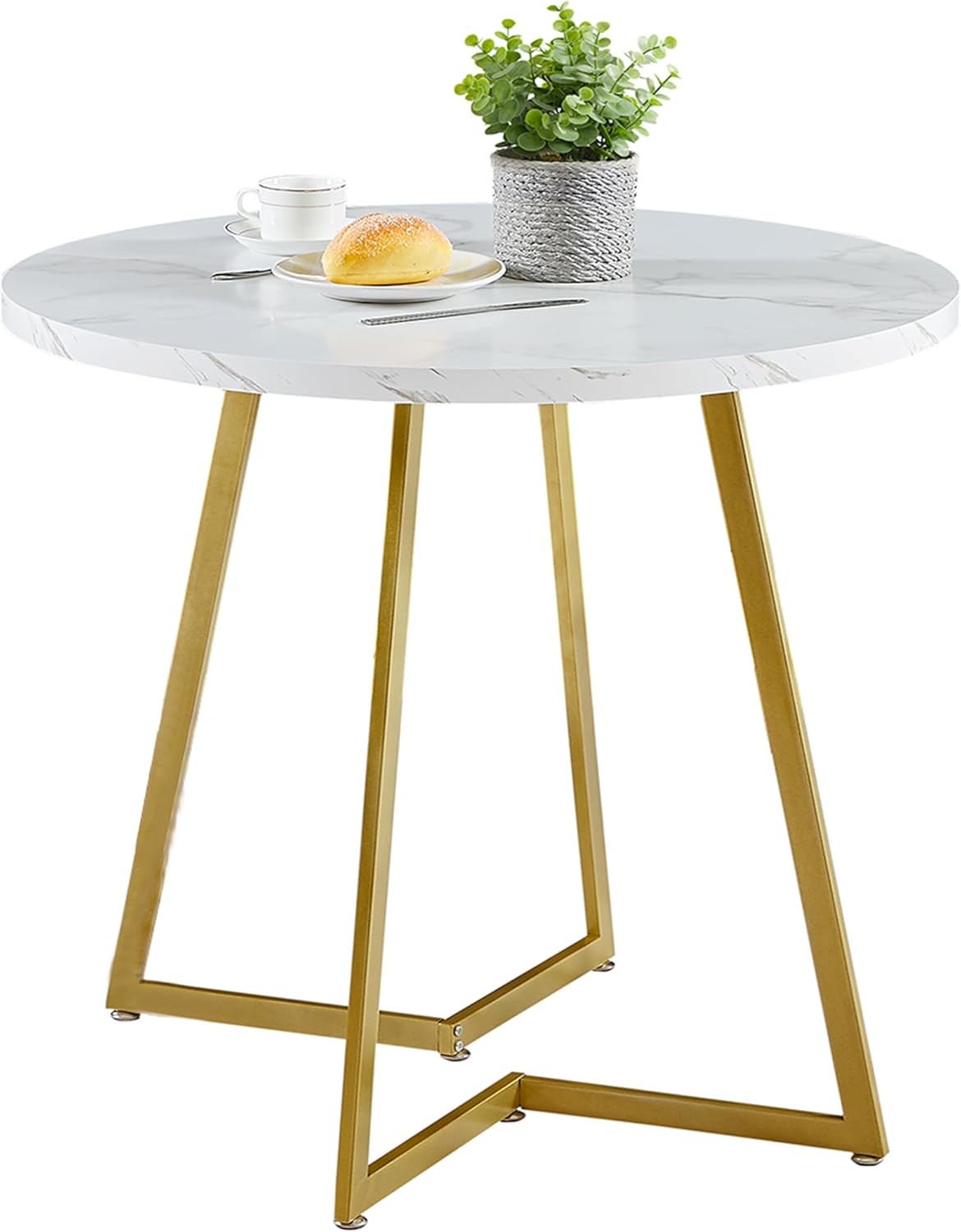 VECELO Round Dining Room Table with Wood Grain Tabletop and Steel Frame - VECELO