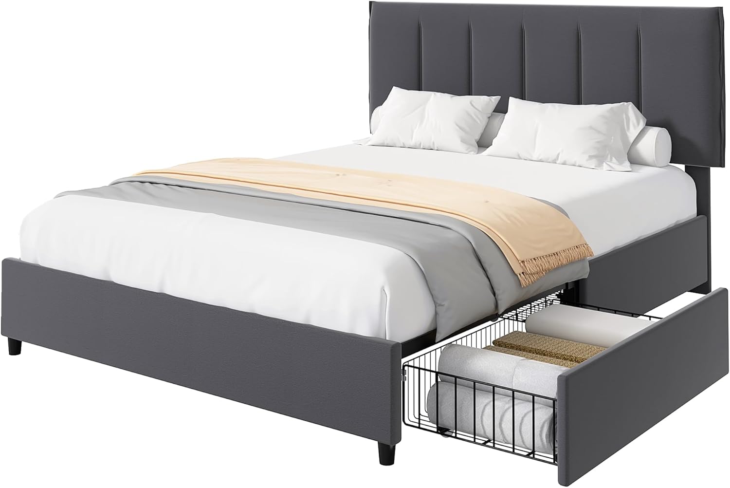 VECELO Upholstered Bed Frame with 4 Storage Drawers and Adjustable Velvet Headboard - VECELO