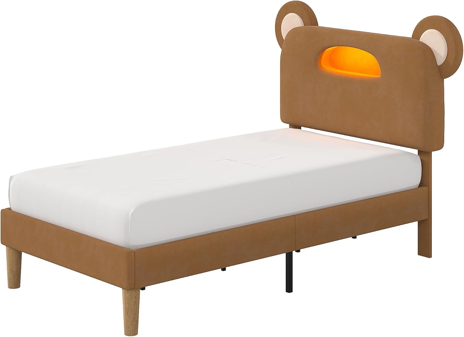 VECELO Twin Size Bed Frame with LED Light, Upholstered Platform Bedframe with Bear Adjustable Headboard - VECELO