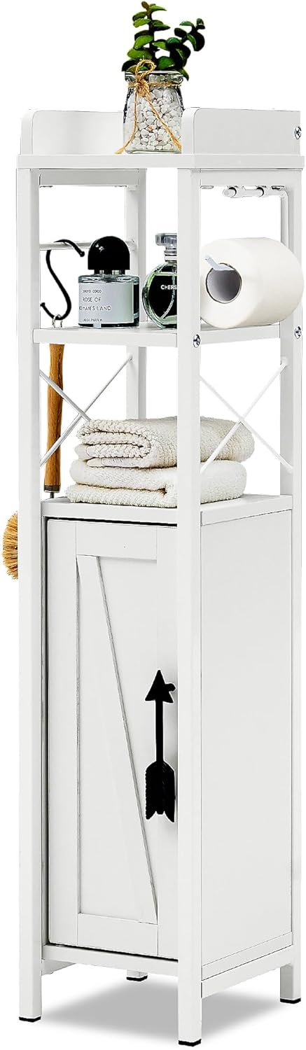 VECELO Small Bathroom Cabinet, Slim Toilet Paper Holder with Door & 2 Shelves - VECELO