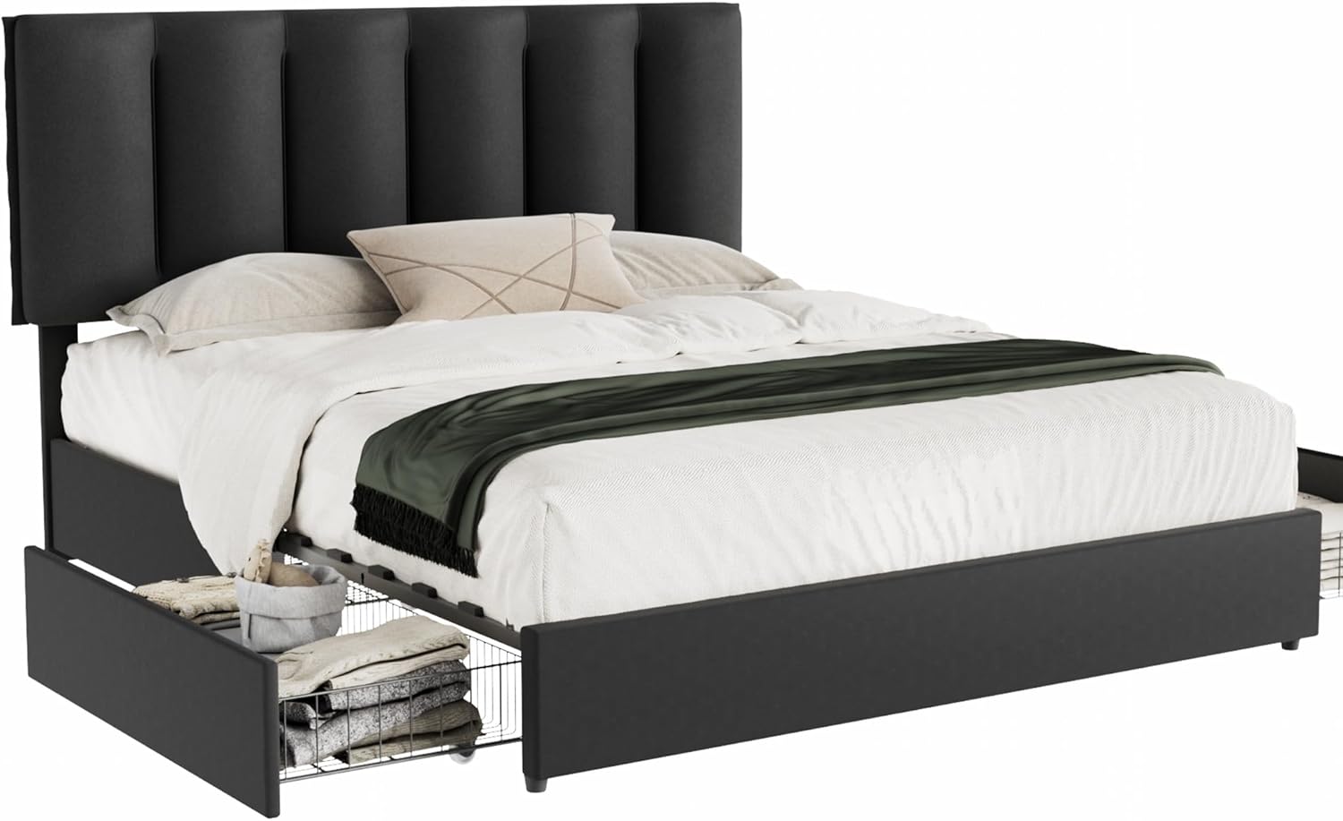 VECELO Upholstered Bed Frame with 4 Storage Drawers and Adjustable Velvet Headboard - VECELO