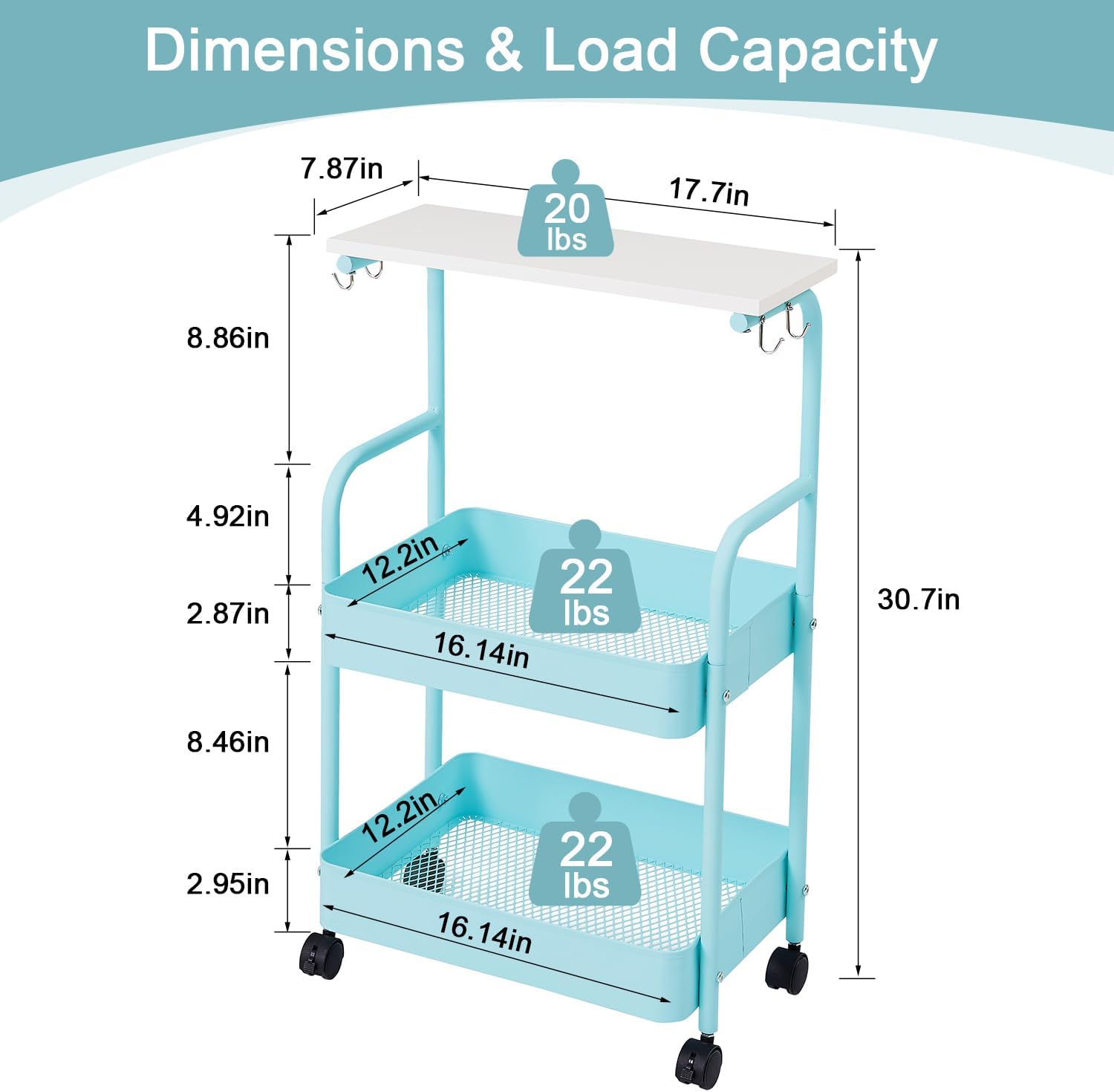 Storage Rolling Cart, 3 Tier Utility Cart Storage Unit Organizers