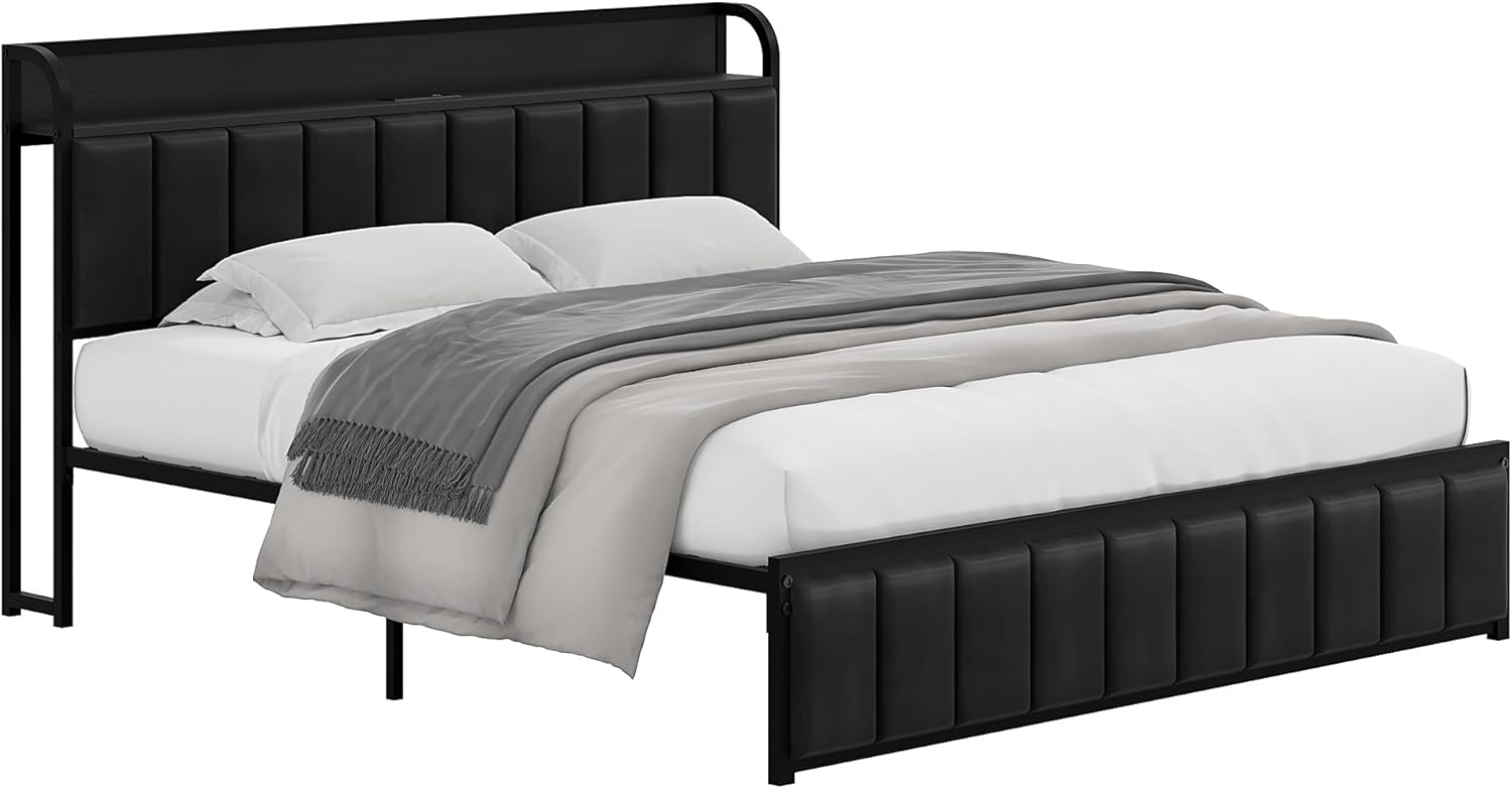 VECELO Twin Bed Frame, Storage Upholstered Headboard with Charging Station - VECELO