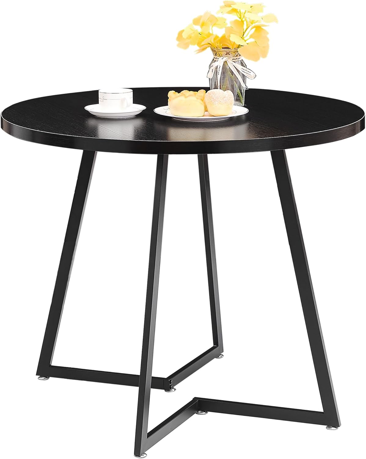 VECELO Round Dining Room Table with Wood Grain Tabletop and Steel Frame - VECELO