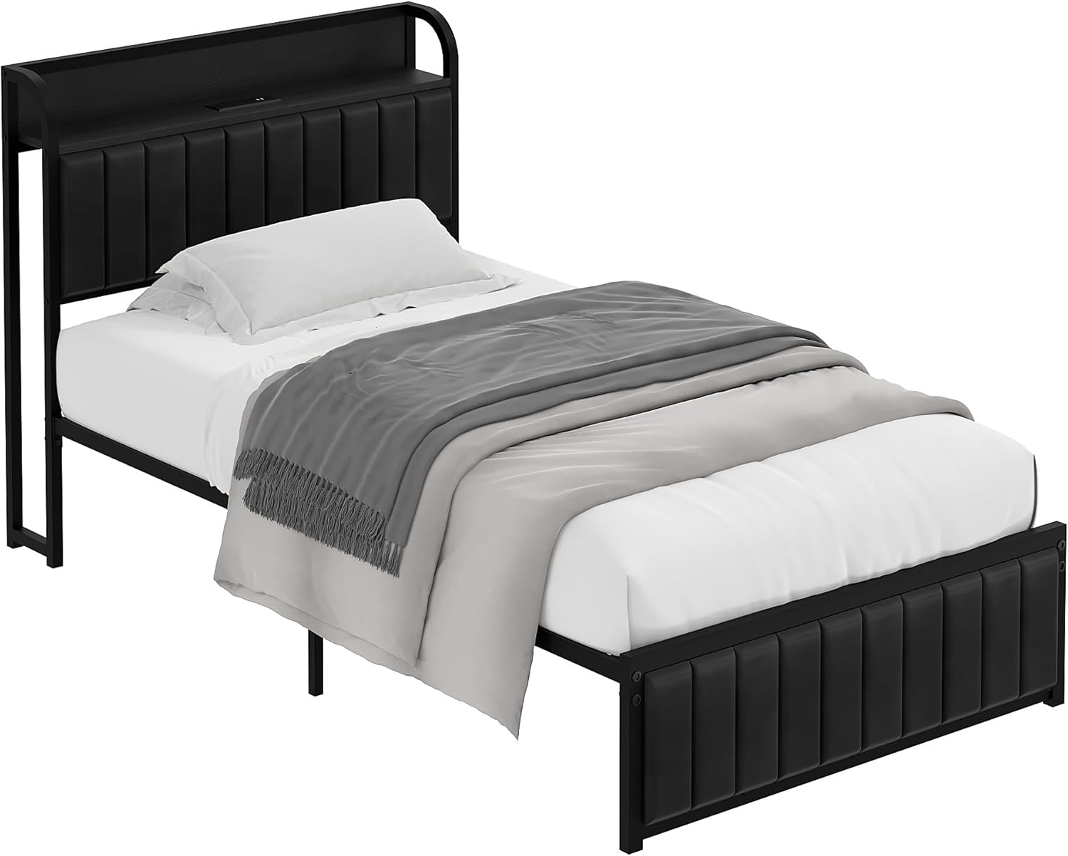 VECELO Twin Bed Frame, Storage Upholstered Headboard with Charging Station - VECELO