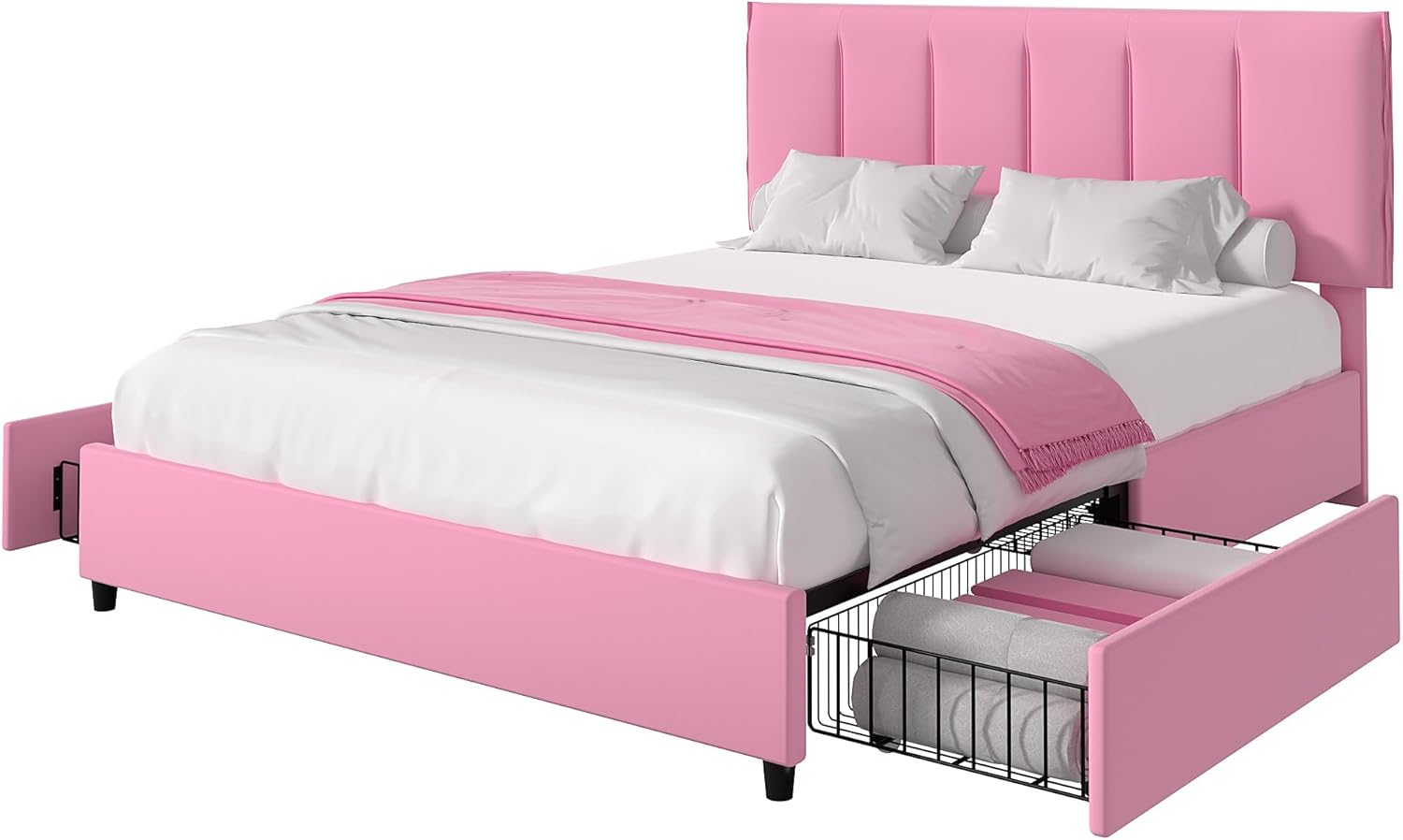 VECELO Upholstered Bed Frame with 4 Storage Drawers and Adjustable Velvet Headboard - VECELO