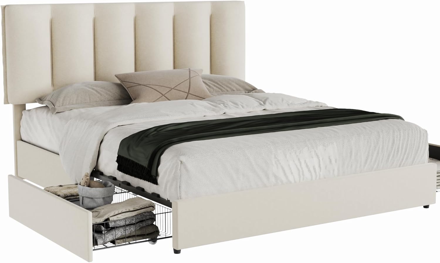 VECELO Upholstered Bed Frame with 4 Storage Drawers and Adjustable Velvet Headboard - VECELO