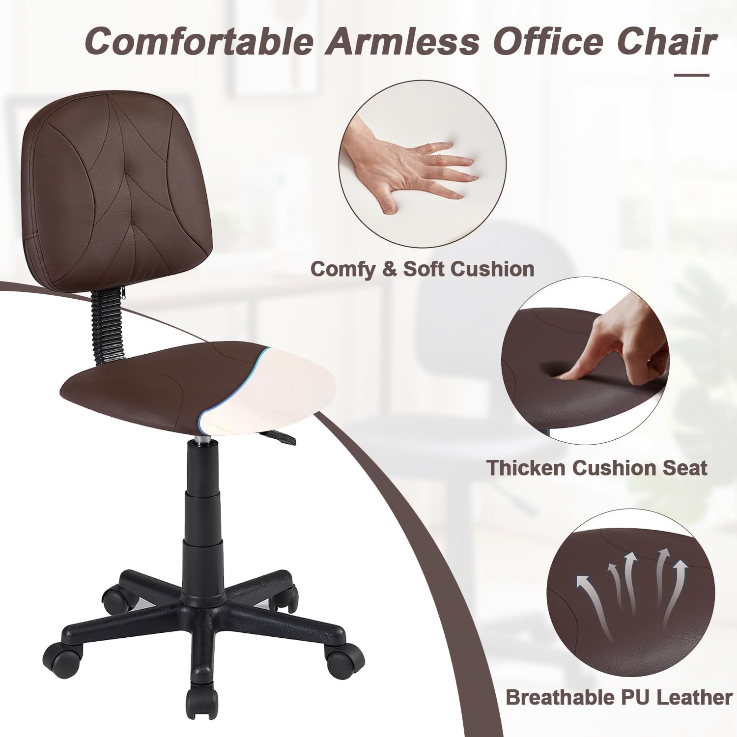 VECELO Small Desk Armless Low-Backrest PU Leather Ergonomic Computer Chair - VECELO
