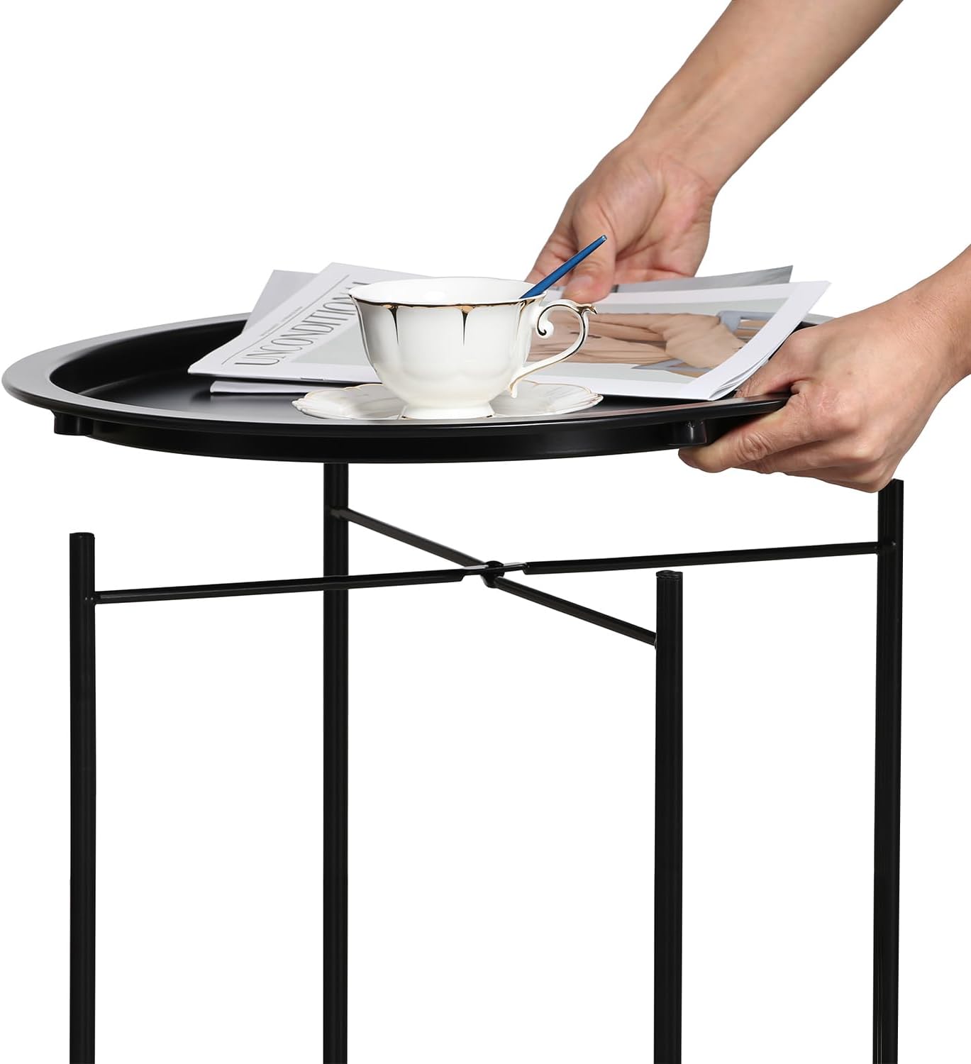 VECELO Metal Round End/Side Table with Removable Tray Small Folding Anti-Rust Nightstand - VECELO