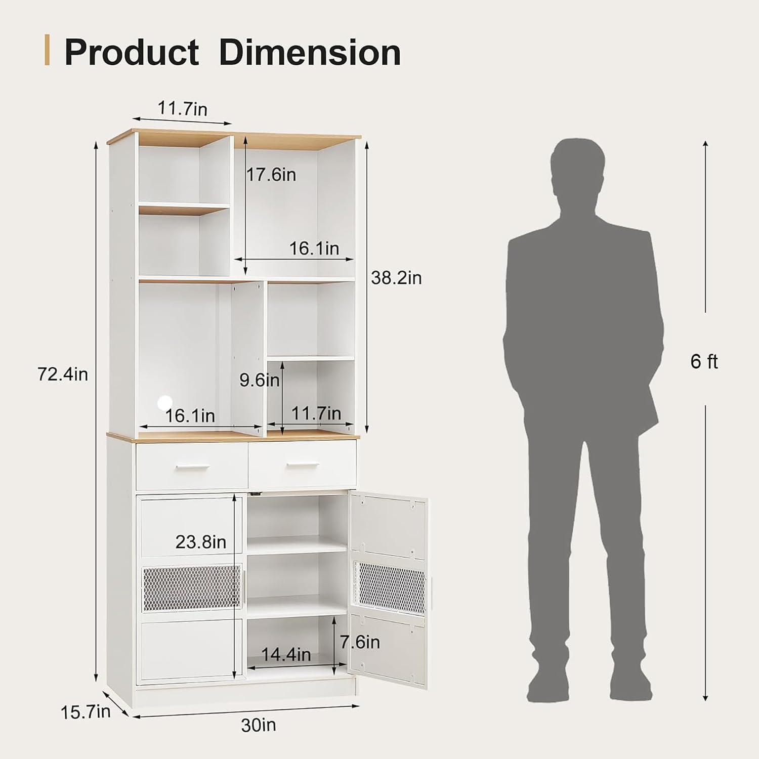 VECELO Floor Storage Cabinet 72" Free Standing Kitchen Pantry Buffet Cupboard with Multi Open Shelves and 2 Drawers - VECELO