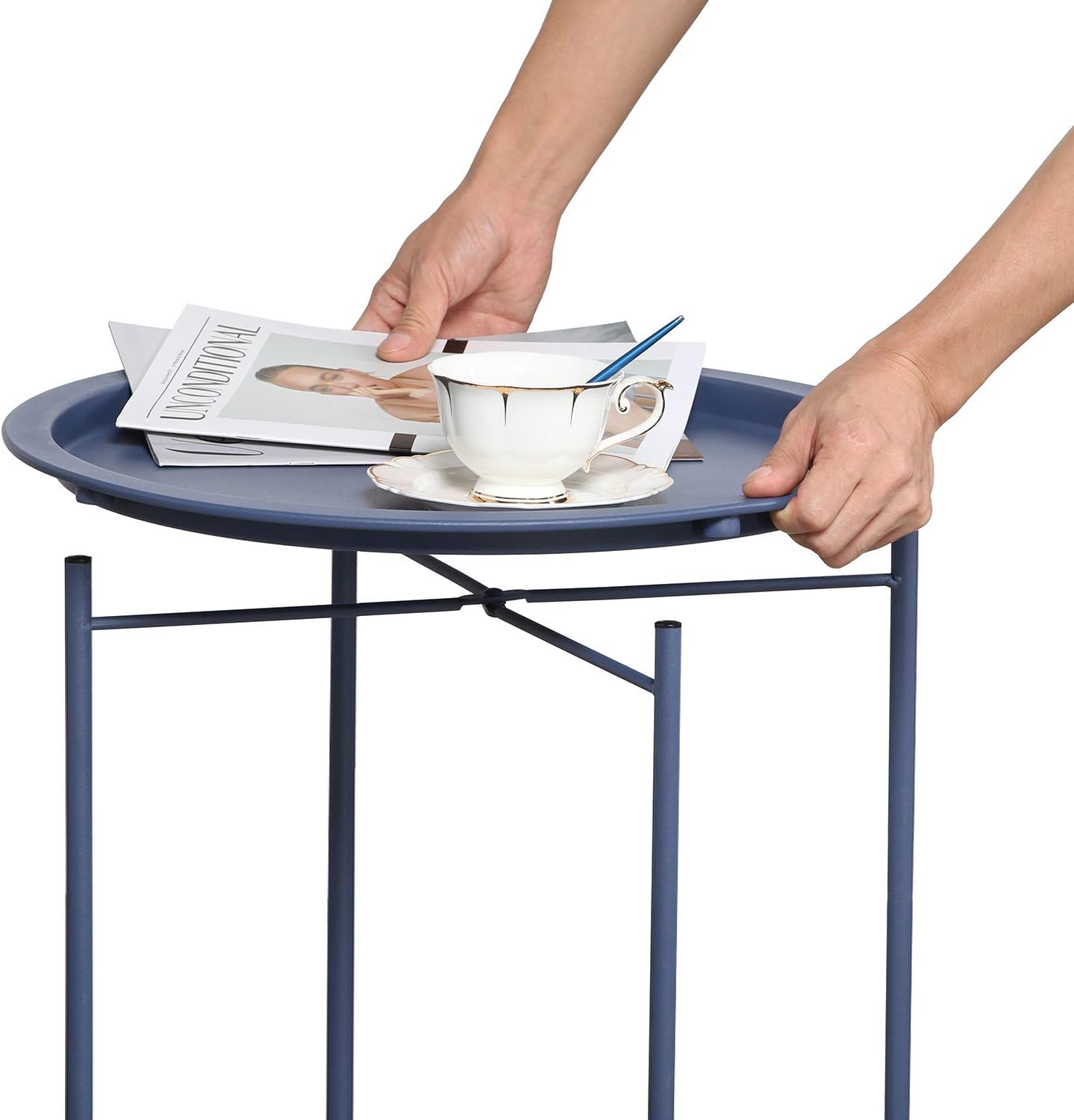 VECELO Metal Round End/Side Table with Removable Tray Small Folding Anti-Rust Nightstand - VECELO