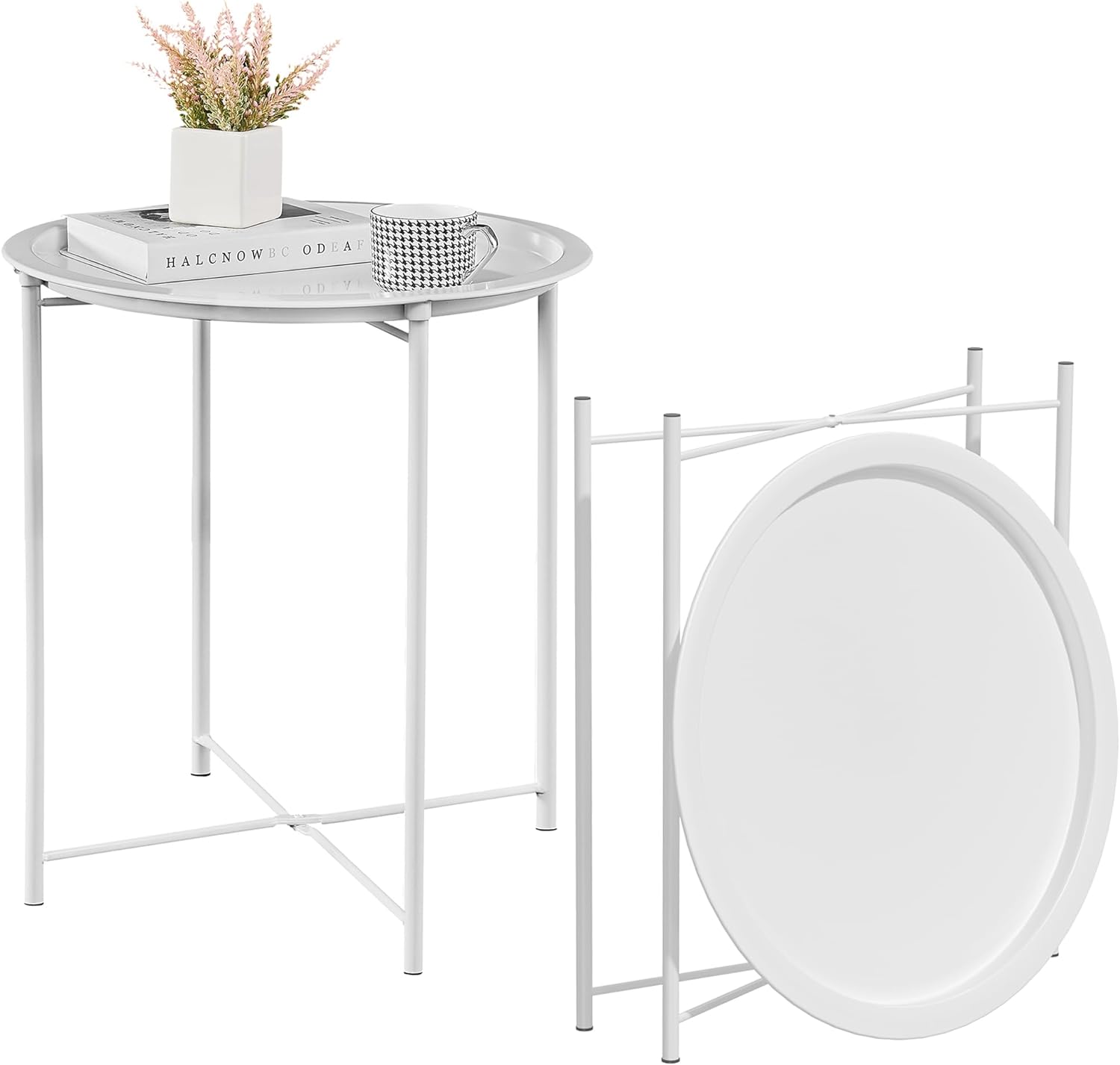 VECELO Metal Round End/Side Table with Removable Tray Small Folding Anti-Rust Nightstand - VECELO
