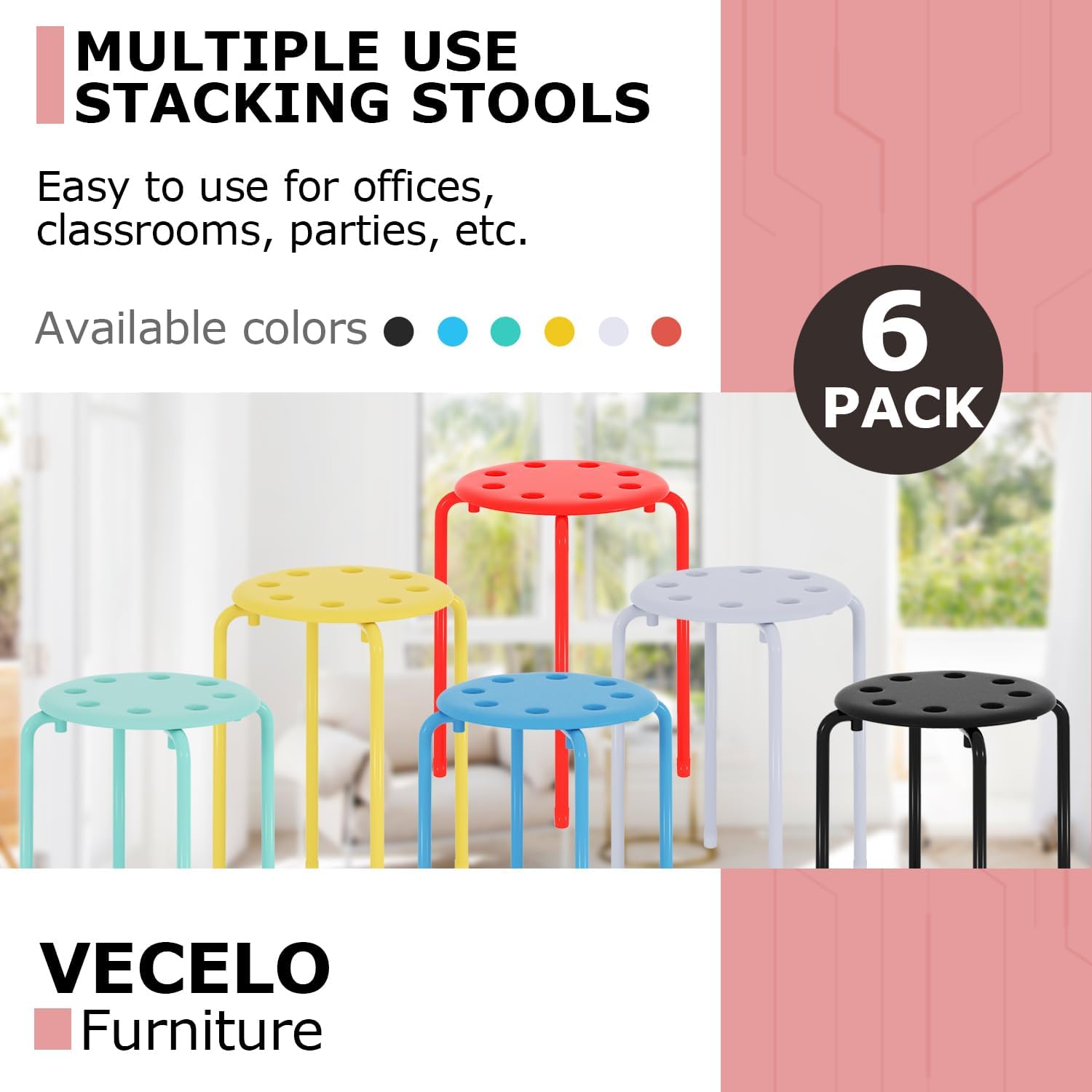 VECELO Set of 6 Stacking Stools Portable with Metal Frame, Colorful Stool for Classroom School - VECELO