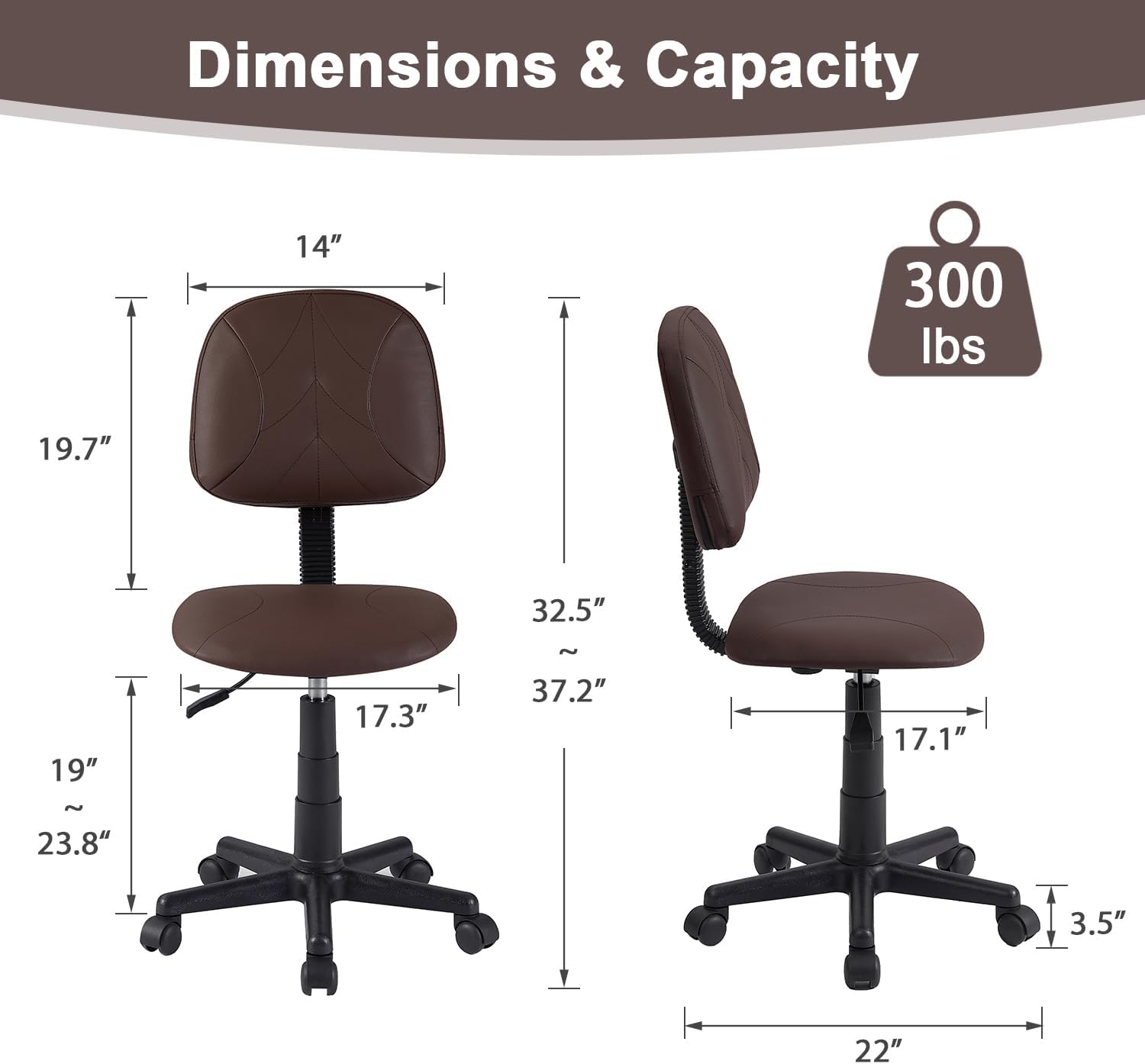 VECELO Small Desk Armless Low-Backrest PU Leather Ergonomic Computer Chair - VECELO