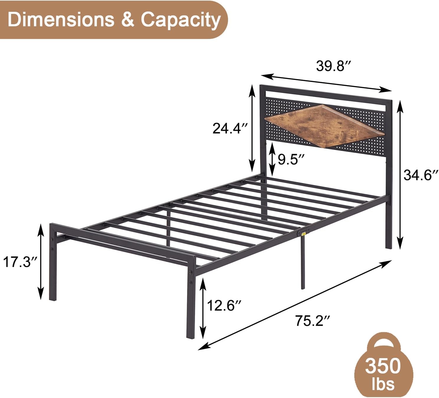 VECELO Metal Bed Frame Platform with Wood Grain Headboard&Footboard - VECELO