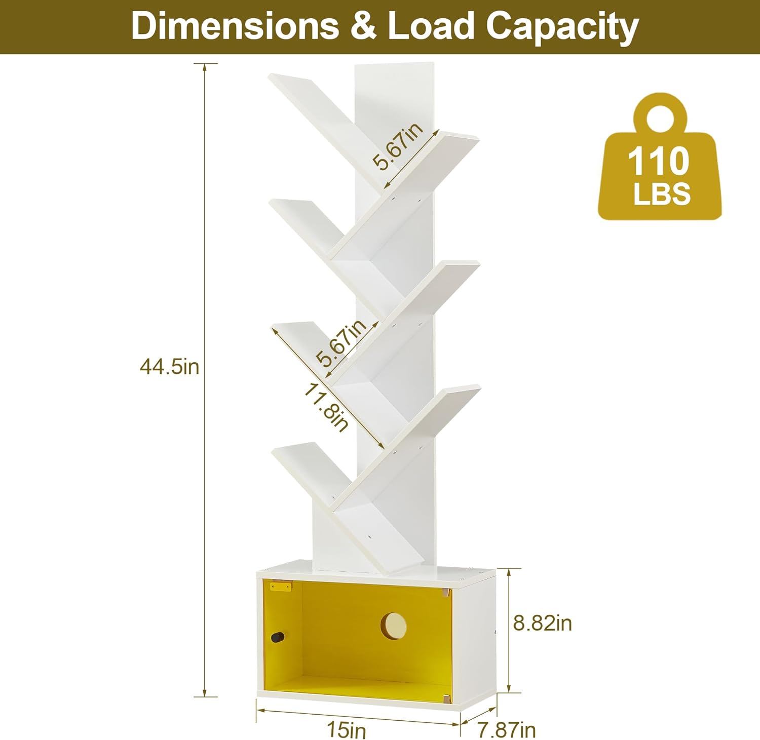 VECELO Tree Bookshelf, 7-Tier Tree Bookcase Wood Shelves Display with Storage Cabinet - VECELO