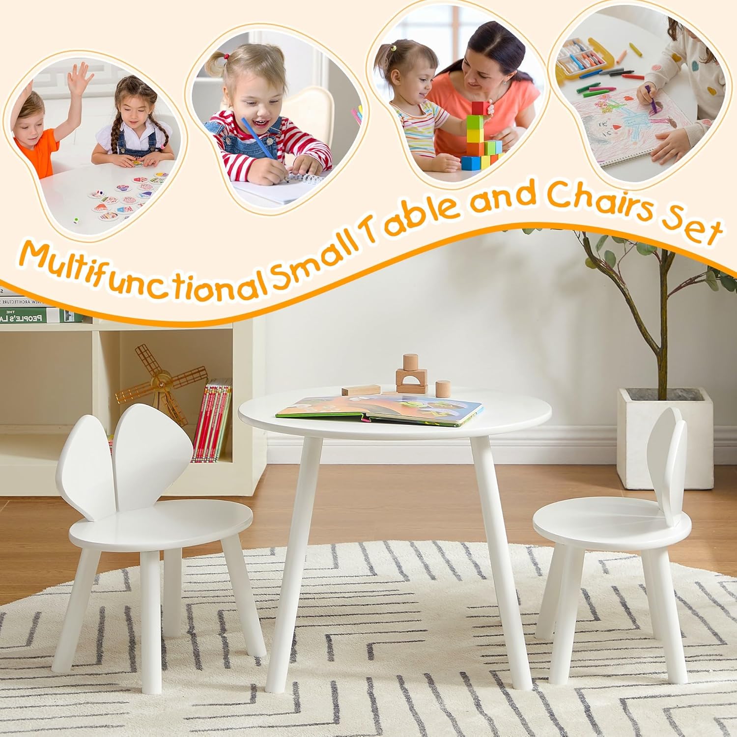 VECELO Kids Table and Chairs Set, Oval Tabletop and 2 Rabbit Chairs - VECELO