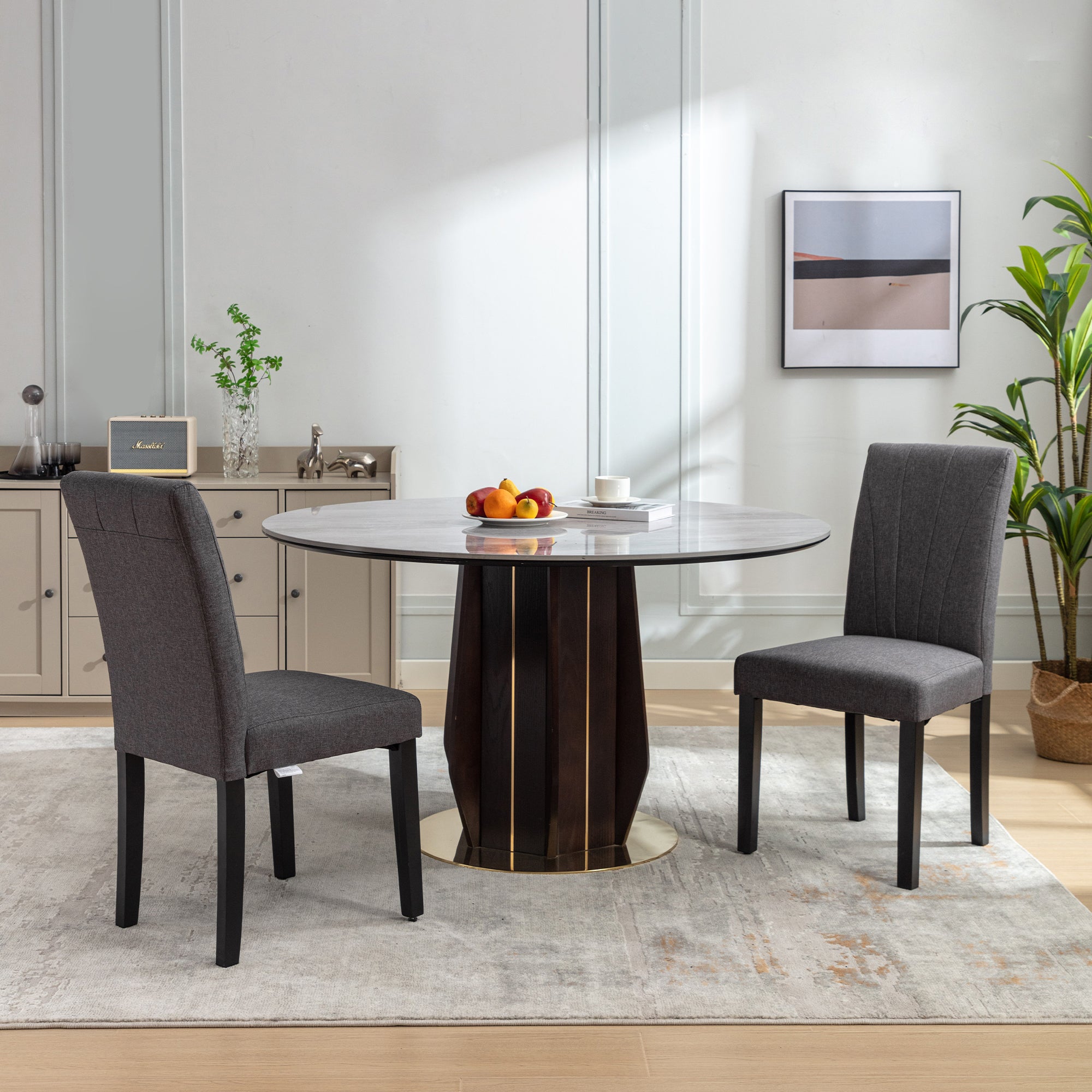 VECELO Set of 2 Upholstered Dining Chairs, Modern Fabric and Solid Wood Legs & High Back - VECELO