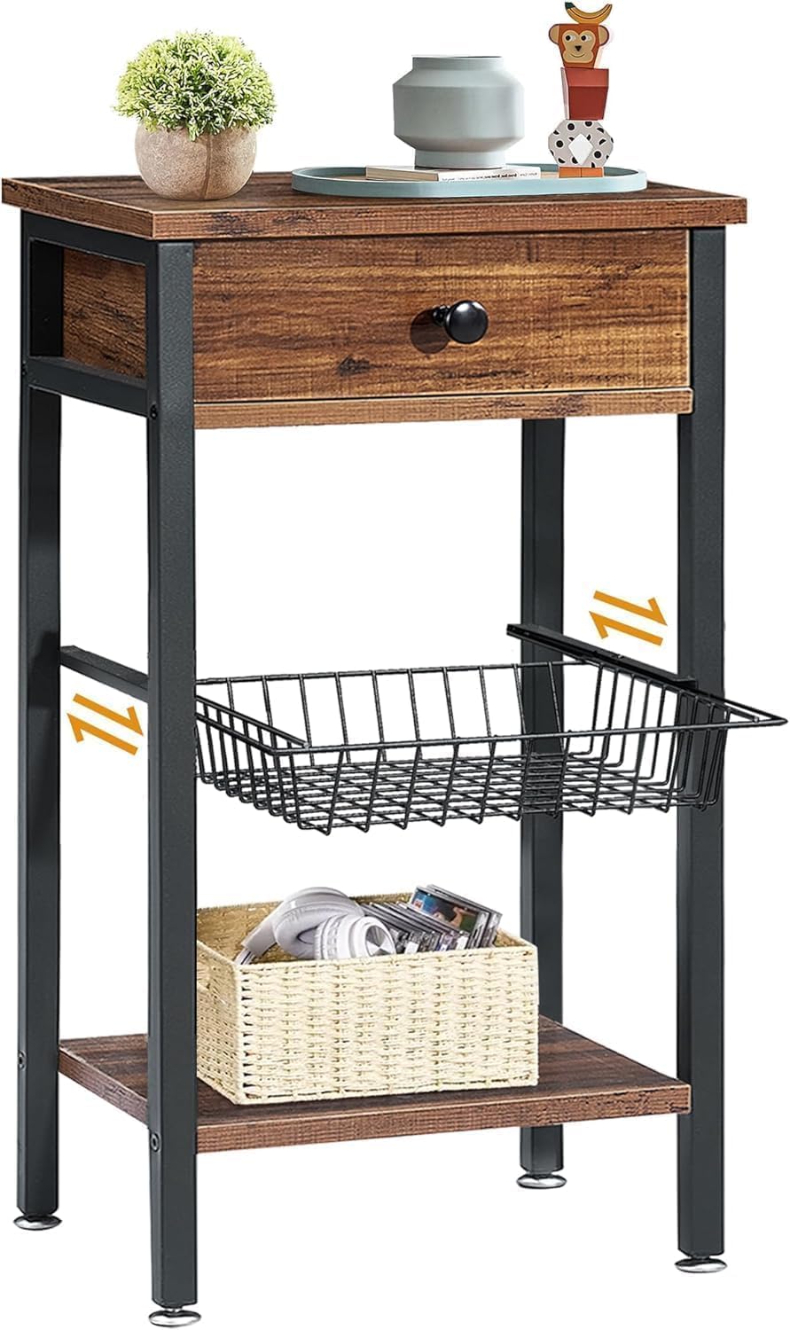 VECELO Industrial Retro Side Nightstand with Storage Shelf Tall End Tables - VECELO