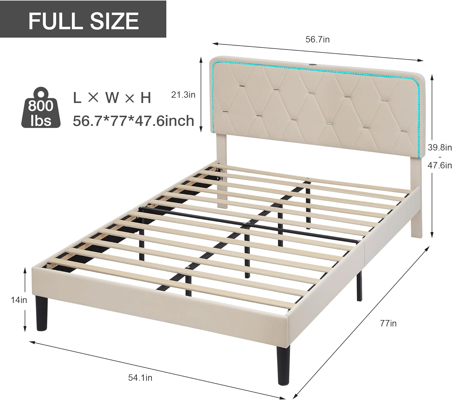 VECELO Upholstered Bed Frame with LED Lights, Charging Station, Velvet Platform Bed - VECELO