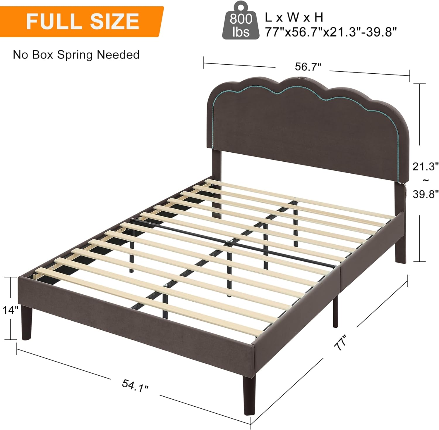 VECELO Upholstered Velvet Platform Bed Frame with Headboard Adjustable, LED Lights, USB-A & Type-C - VECELO