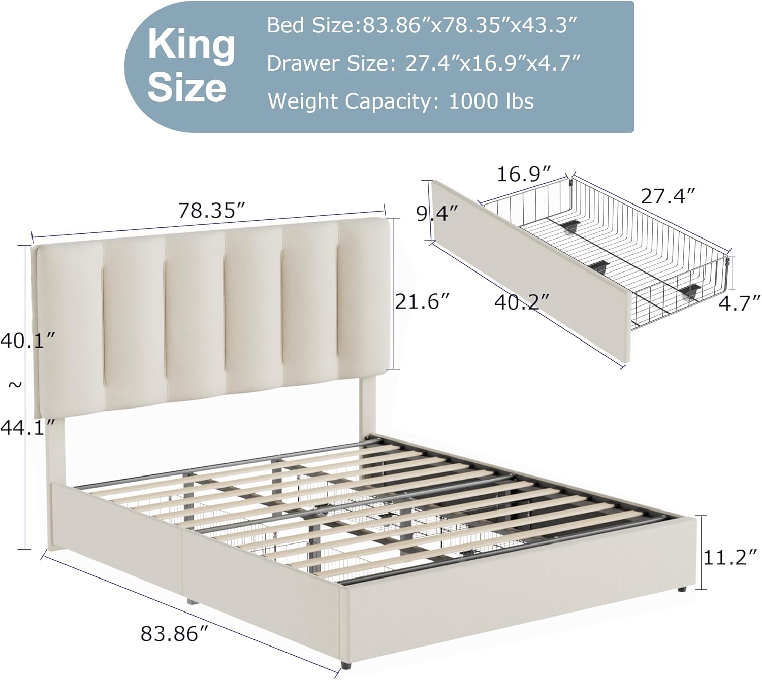 VECELO Upholstered Bed Frame with 4 Storage Drawers and Adjustable Velvet Headboard - VECELO