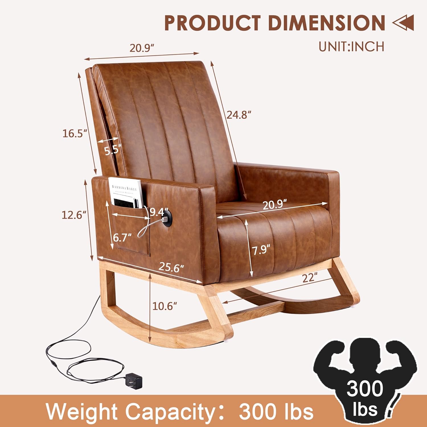 VECELO Rocking Chair Upholstered Nursery Glider Rocker High Backrest Comfy Armchair with Side Pocket and USB Port - VECELO