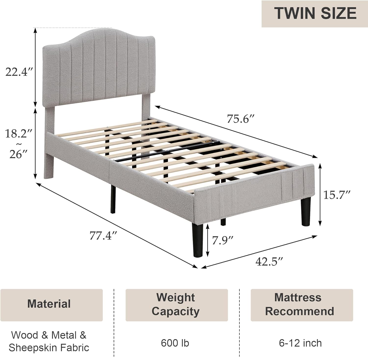 VECELO Upholstered Platform Bed Frame with Sheepskin Fabric Adjustable Headboard/Strong Wood Slats Supports - VECELO