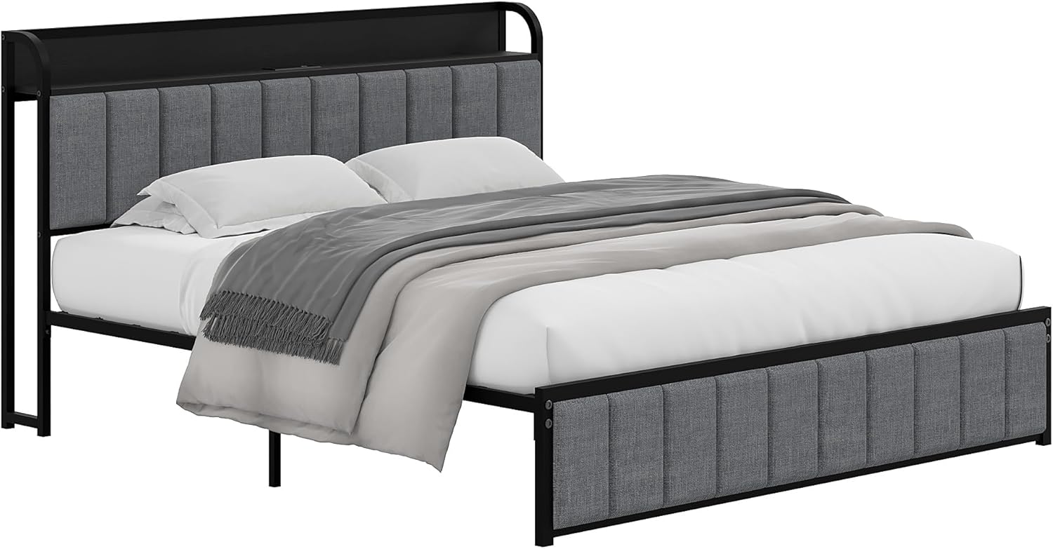 VECELO Twin Bed Frame, Storage Upholstered Headboard with Charging Station - VECELO