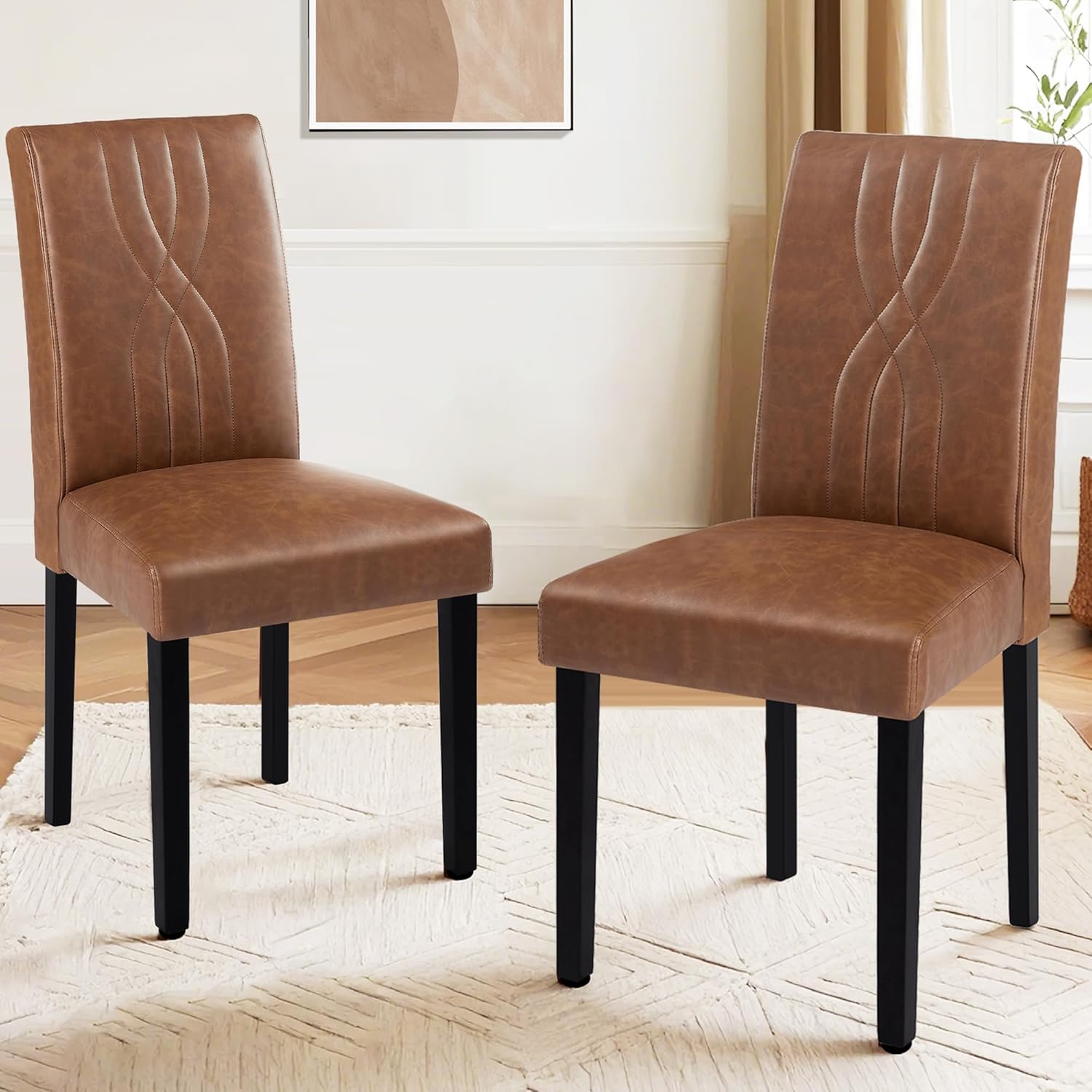 VECELO Upholstered Dining Chairs Set of 2 Modern Fabric and Solid Wood Legs & High Back - VECELO