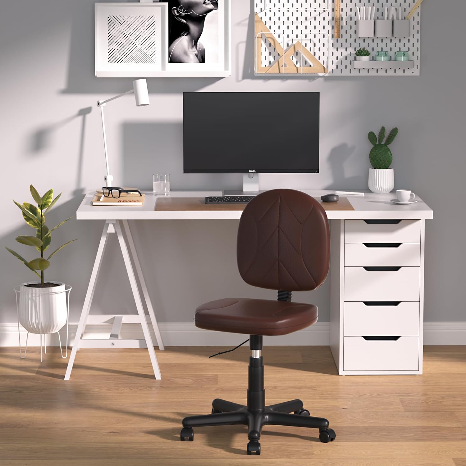 VECELO Small Desk Armless Low-Backrest PU Leather Ergonomic Computer Chair - VECELO