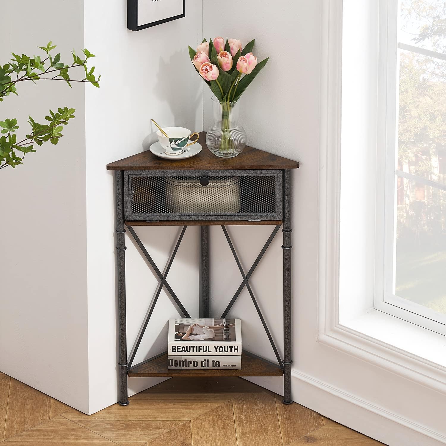 VECELO Corner Table/Cabinet/Organizer with Flip Door - VECELO
