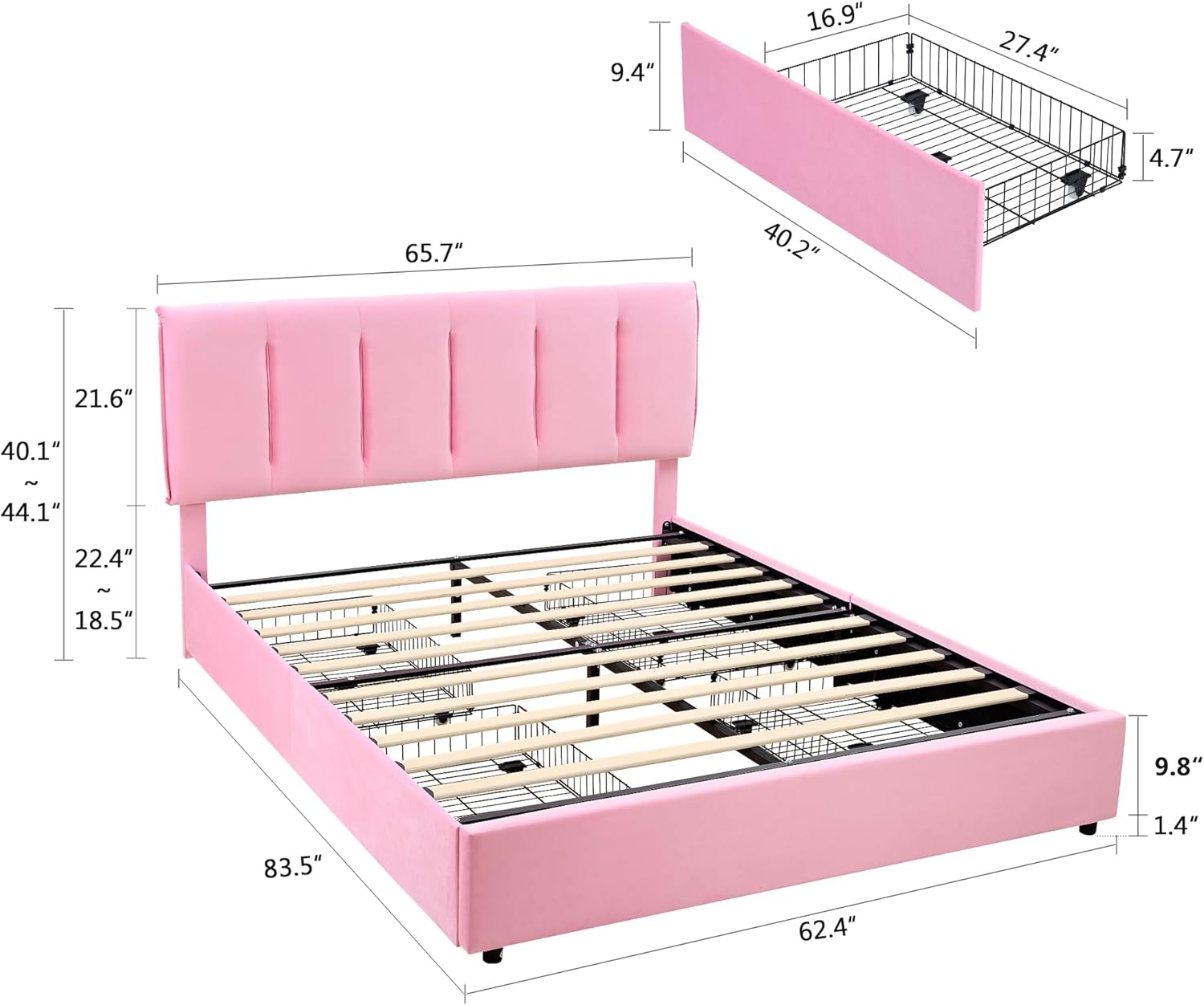 VECELO Upholstered Bed Frame with 4 Storage Drawers and Adjustable Velvet Headboard - VECELO