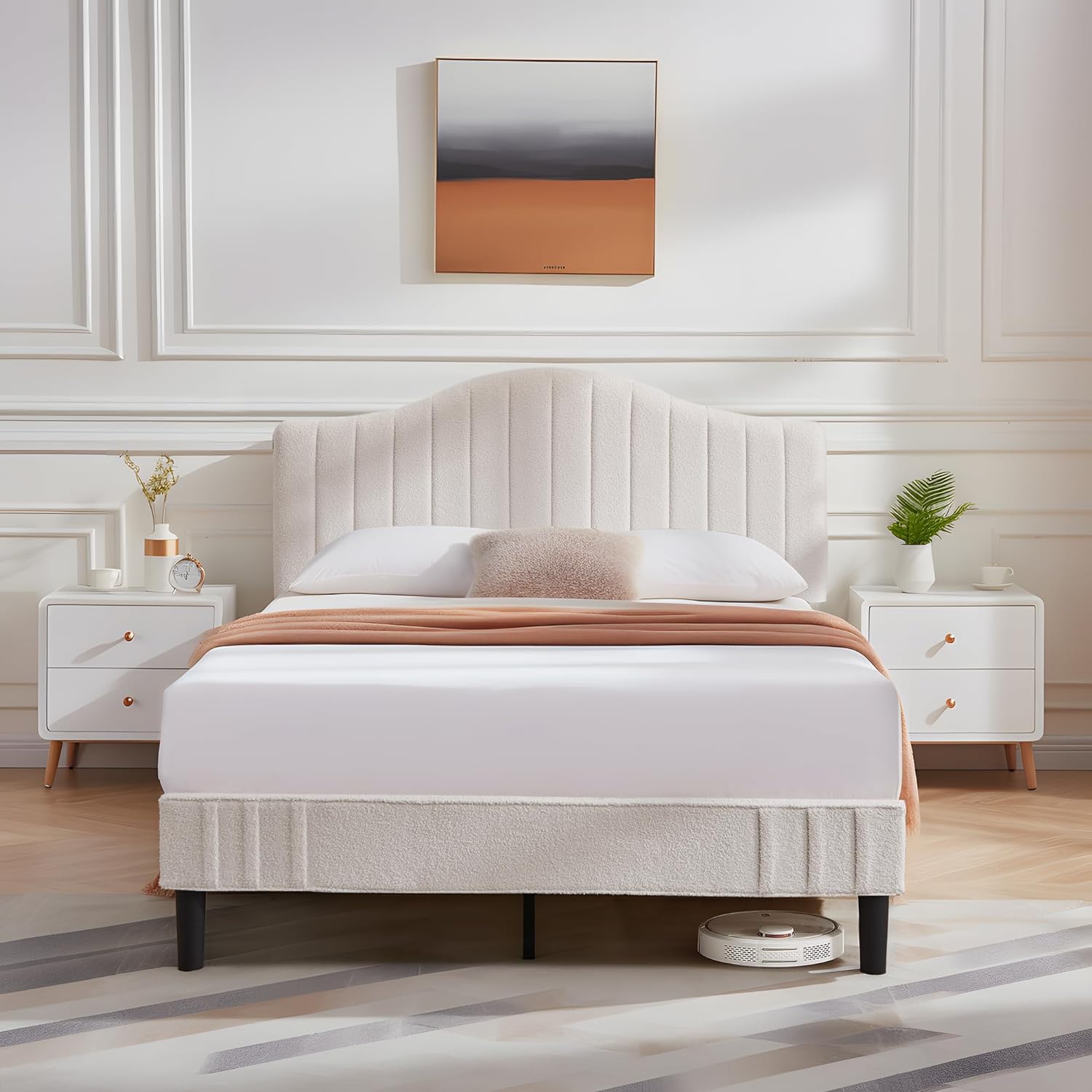 VECELO Upholstered Platform Bed Frame with Sheepskin Fabric Adjustable Headboard/Strong Wood Slats Supports - VECELO