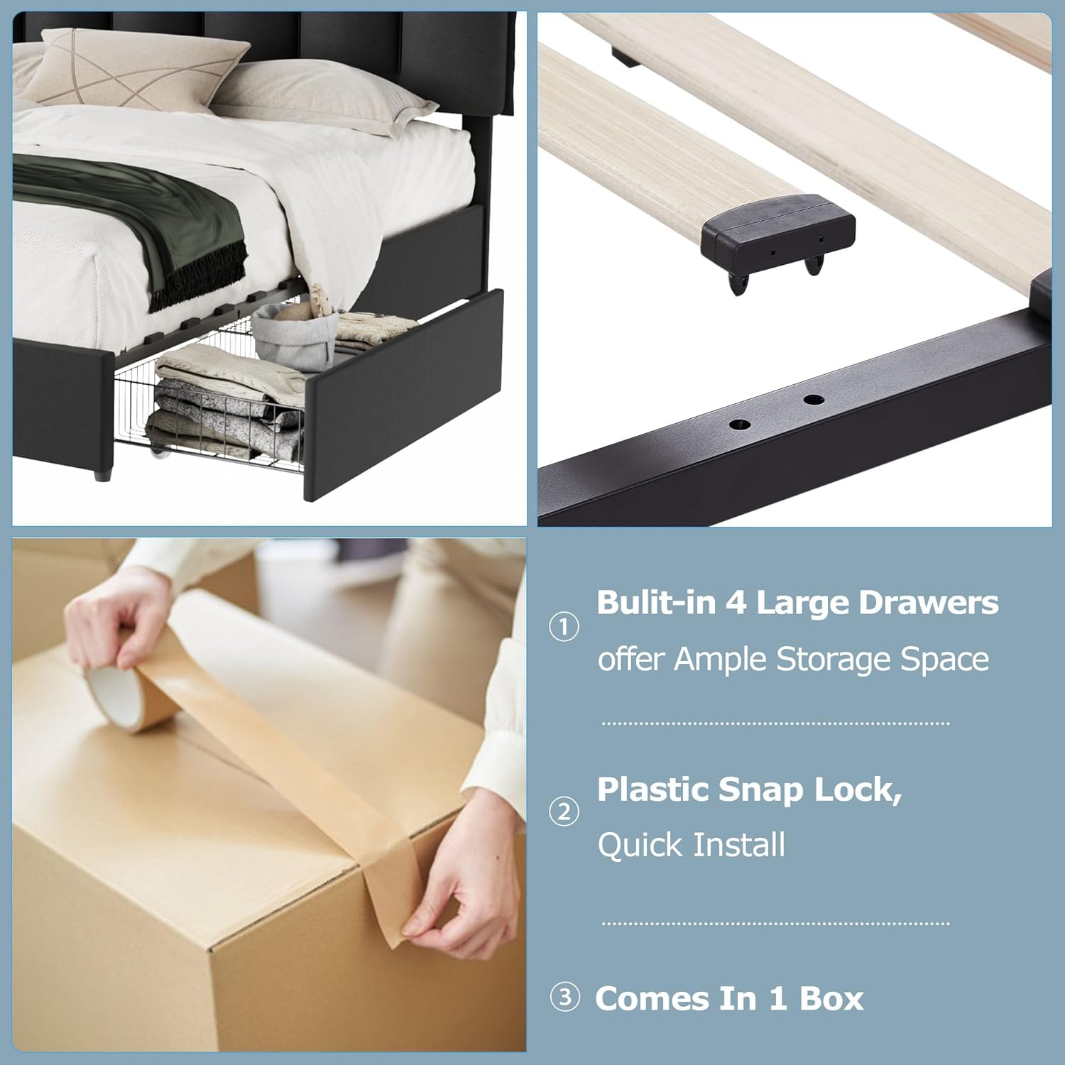 VECELO Upholstered Bed Frame with 4 Storage Drawers and Adjustable Velvet Headboard - VECELO