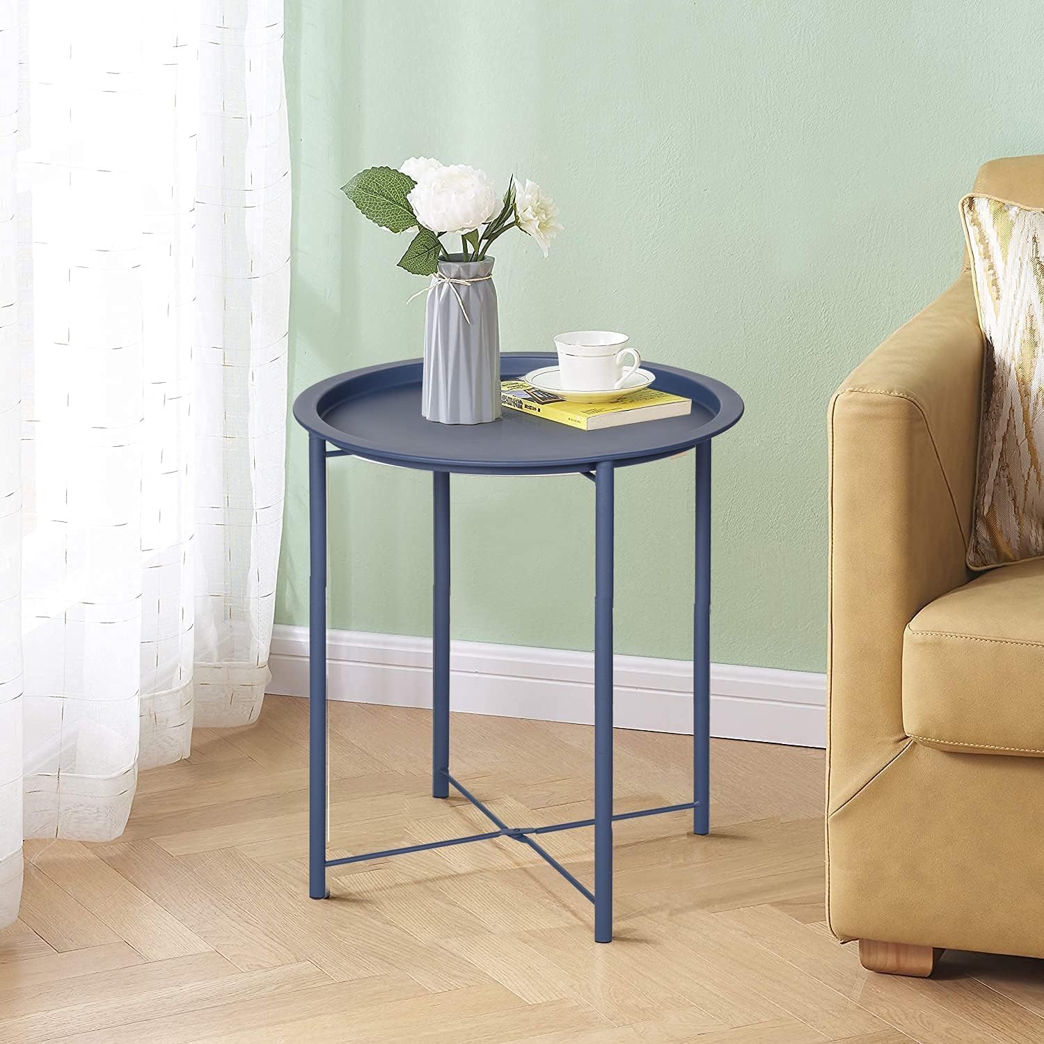 VECELO Metal Round End/Side Table with Removable Tray Small Folding Anti-Rust Nightstand - VECELO