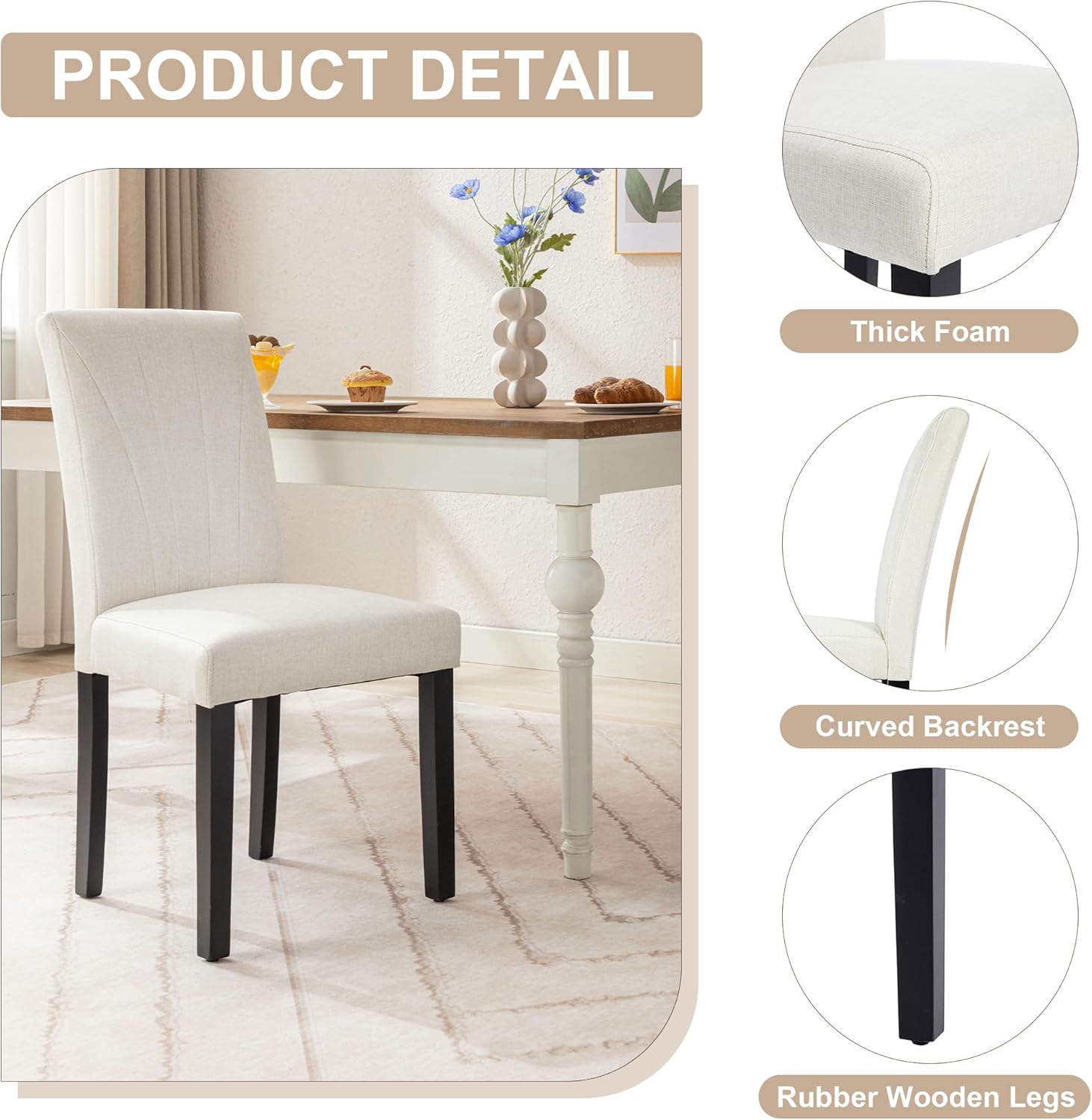 VECELO Set of 2 Upholstered Dining Chairs, Modern Fabric and Solid Wood Legs & High Back - VECELO