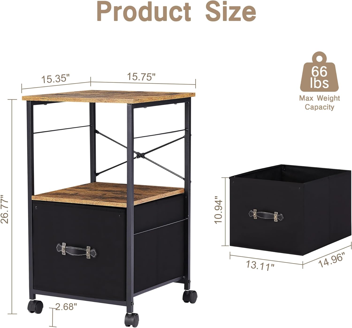 VECELO File Cabinet with Open Storage Shelf, Rolling Printer Stand with Large Fabric Drawer - VECELO