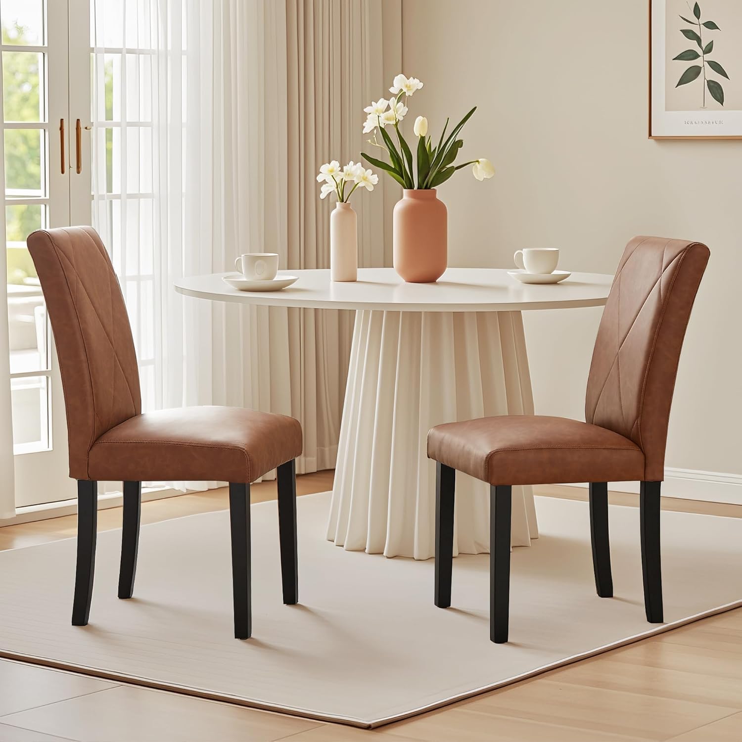 VECELO Upholstered Dining Chairs Set of 2 Modern Fabric and High Back & Solid Wood Legs for Kitchen - VECELO