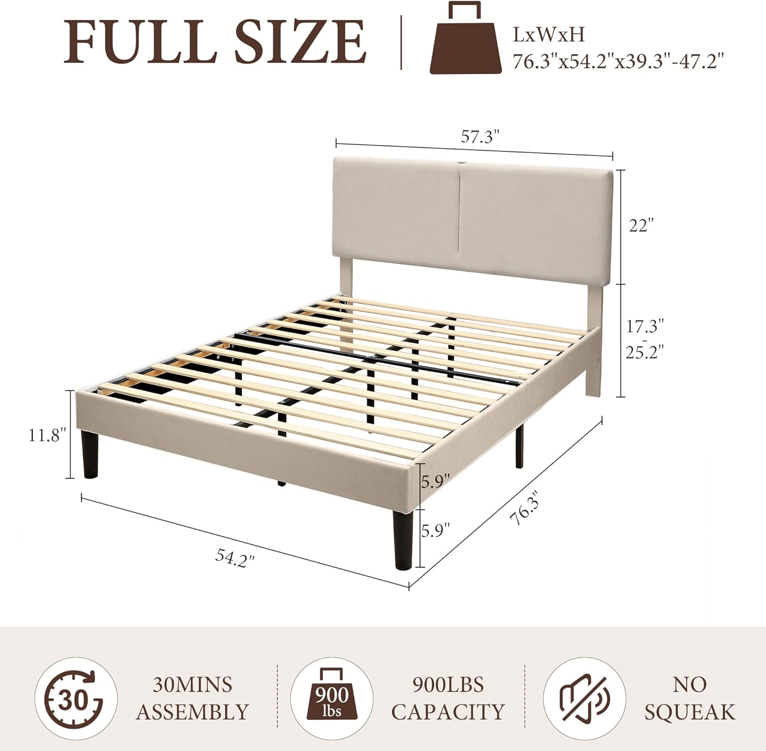 VECELO Twin/Full/Queen Bed Frame Upholstered Platform with Type-C & USB Ports Height-Adjustable Cotton and Linen Headboard - VECELO