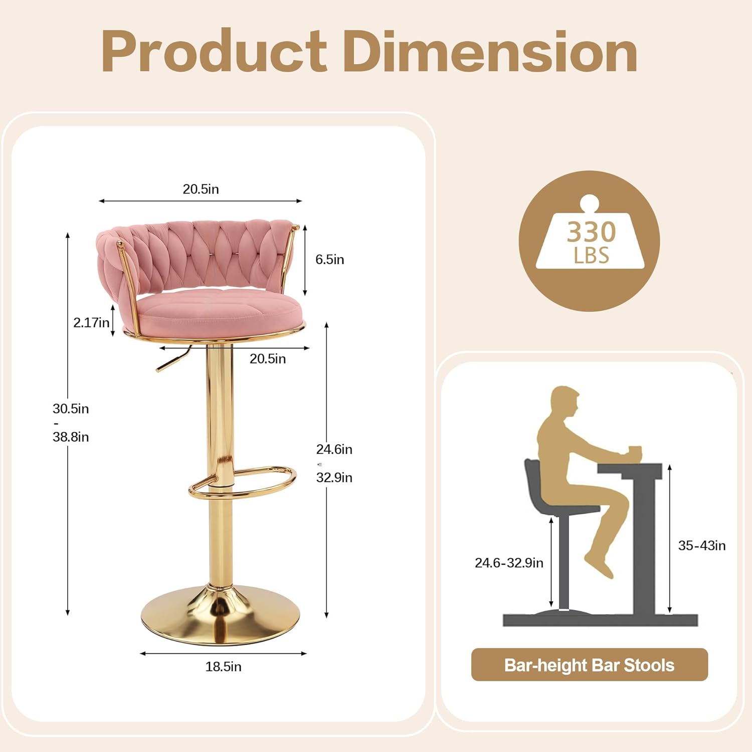 VECELO Bar Stools Set of 2, Adjustable Barstools Counter Height Stools with Back and Arm - VECELO