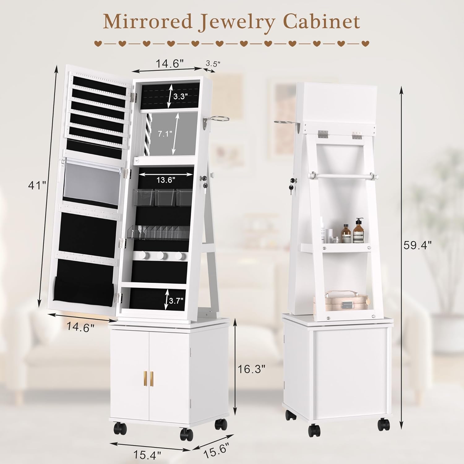 VECELO Lockable Standing Jewelry Armoire Organizer with Drawers and Shelf - VECELO