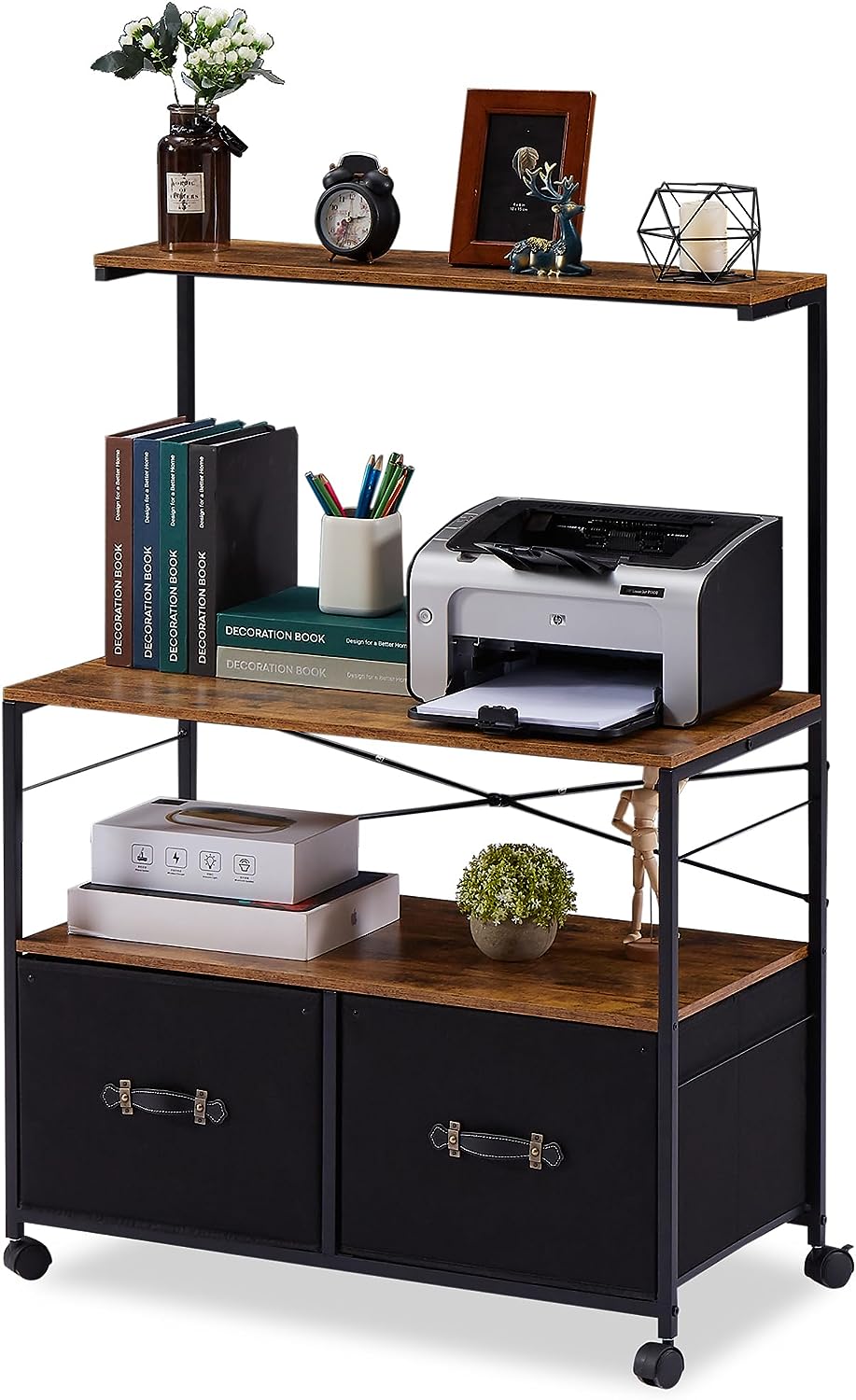 VECELO Lateral File Cabinet with 2 Big Rolling Printer Stand with 3 Open Storage Shelf - VECELO