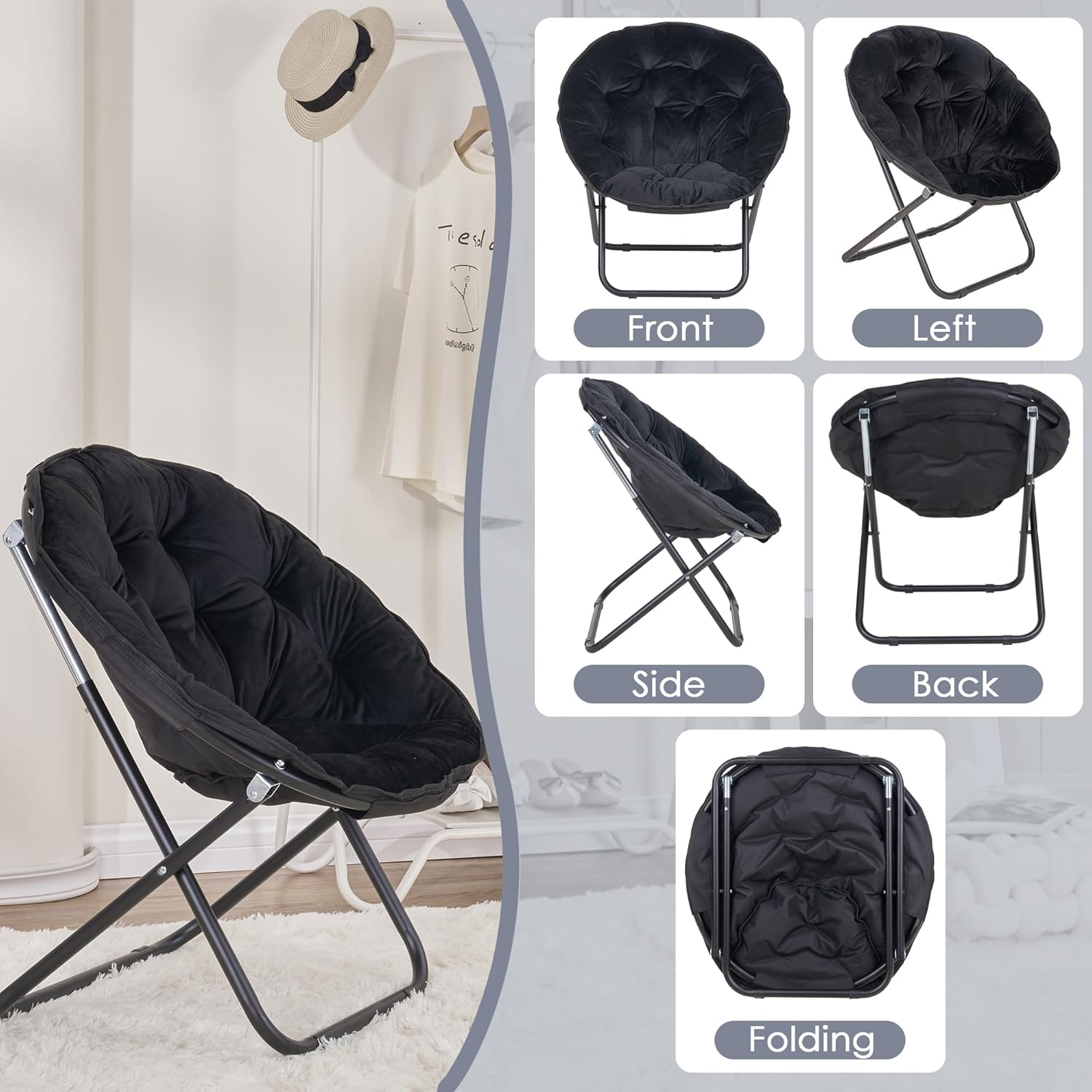 VECELO Saucer Chair for Adults, Folding Moon Chair with Metal Frame - VECELO