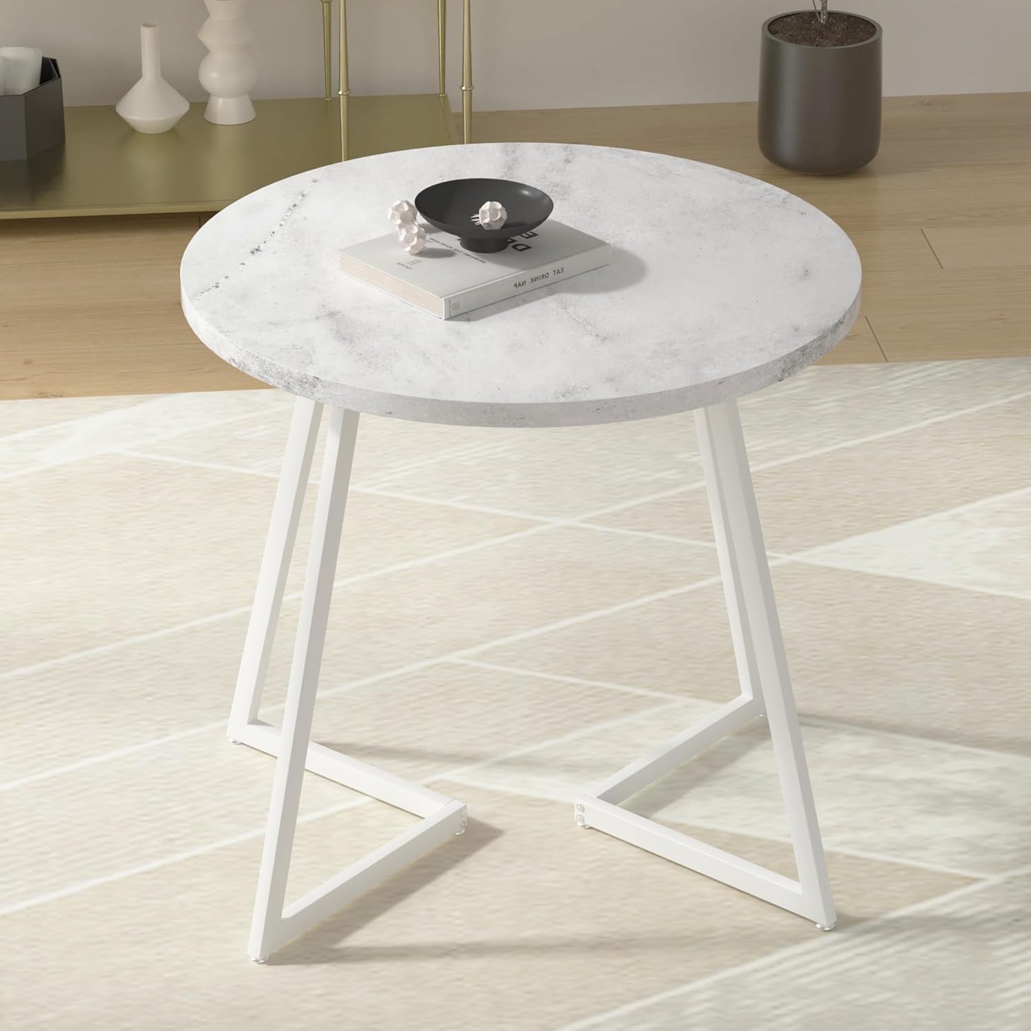 VECELO Round Dining Room Table with Wood Grain Tabletop and Steel Frame - VECELO