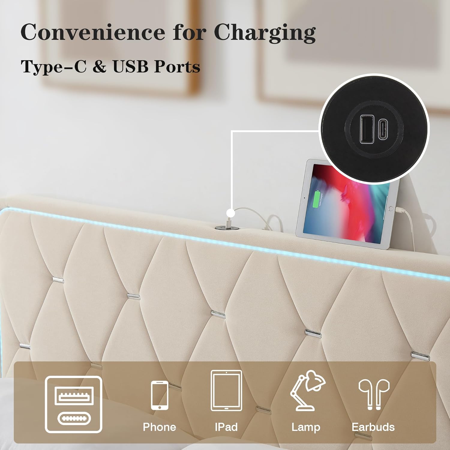 VECELO Upholstered Bed Frame with LED Lights, Charging Station, Velvet Platform Bed - VECELO