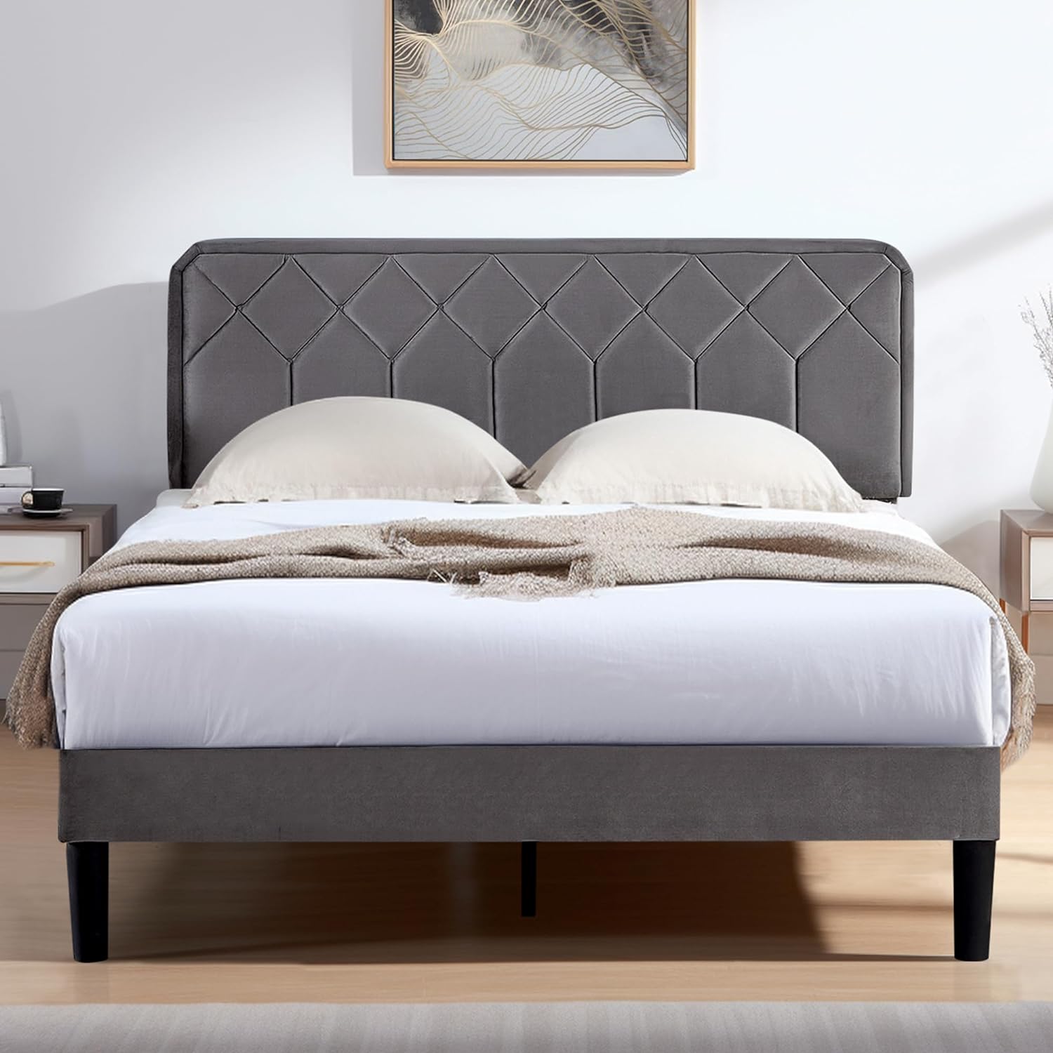 VECELO Premium Leather Upholstered Platform Bed Frame - VECELO